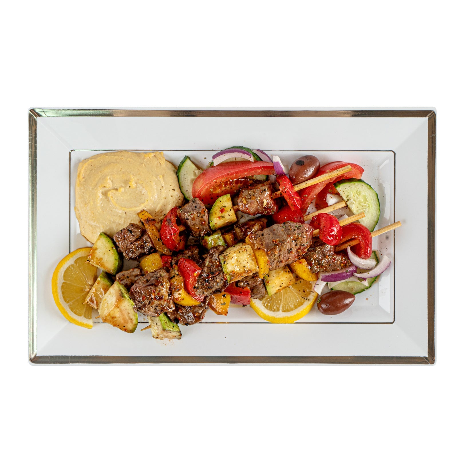 Moderna Rectangle White Plastic Silver-Rimmed Plate - 11 1/2" x 7 1/4" x 3/4" - 10 count box
