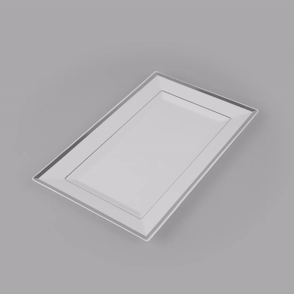 Moderna Rectangle White Plastic Silver-Rimmed Plate - 11 1/2" x 7 1/4" x 3/4" - 10 count box