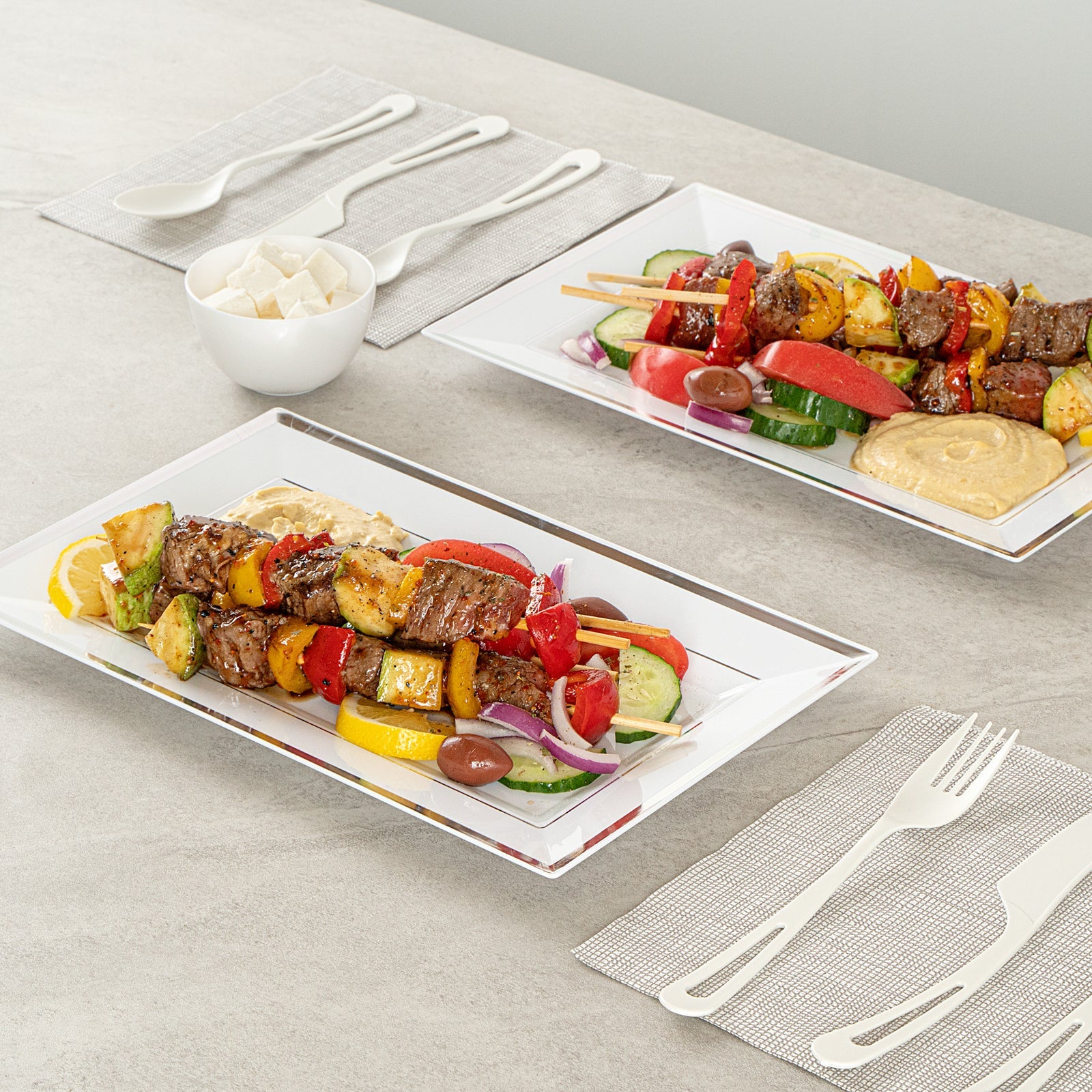 Moderna Rectangle White Plastic Silver-Rimmed Plate - 11 1/2" x 7 1/4" x 3/4" - 100 count box