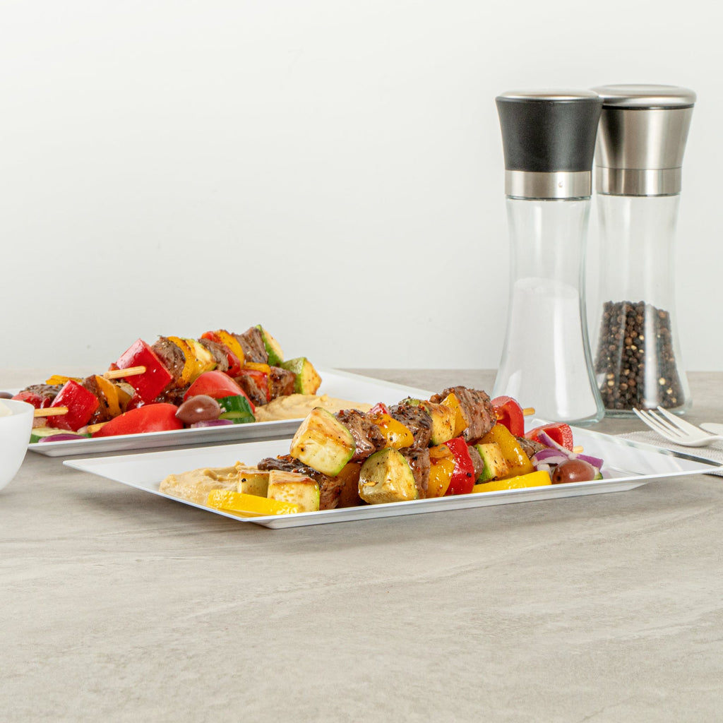 Moderna Rectangle White Plastic Silver-Rimmed Plate - 11 1/2" x 7 1/4" x 3/4" - 100 count box