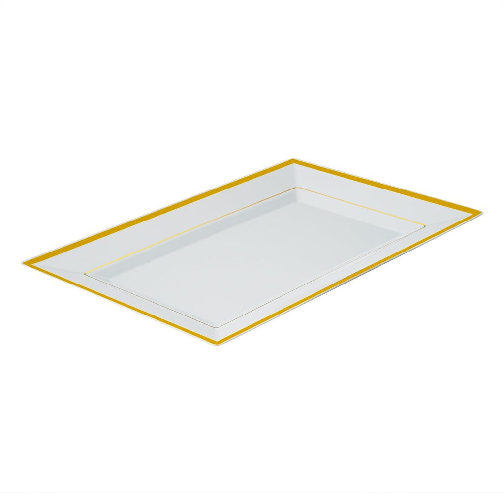 Moderna Rectangle White Plastic Gold-Rimmed Plate - 12 3/4" x 8 1/4" x 3/4" - 10 count box