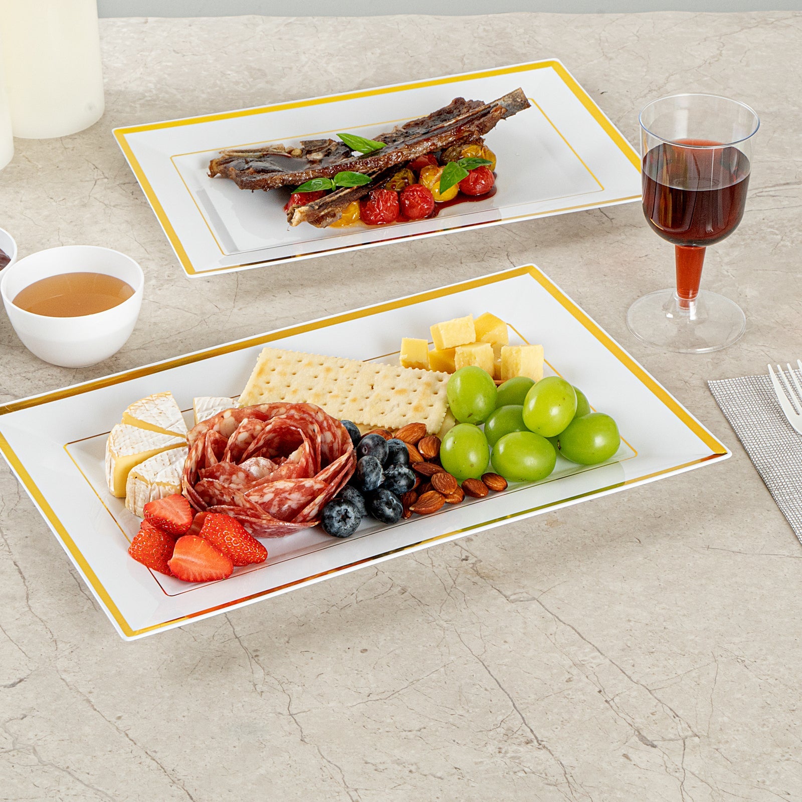Moderna Rectangle White Plastic Gold-Rimmed Plate - 12 3/4" x 8 1/4" x 3/4" - 10 count box