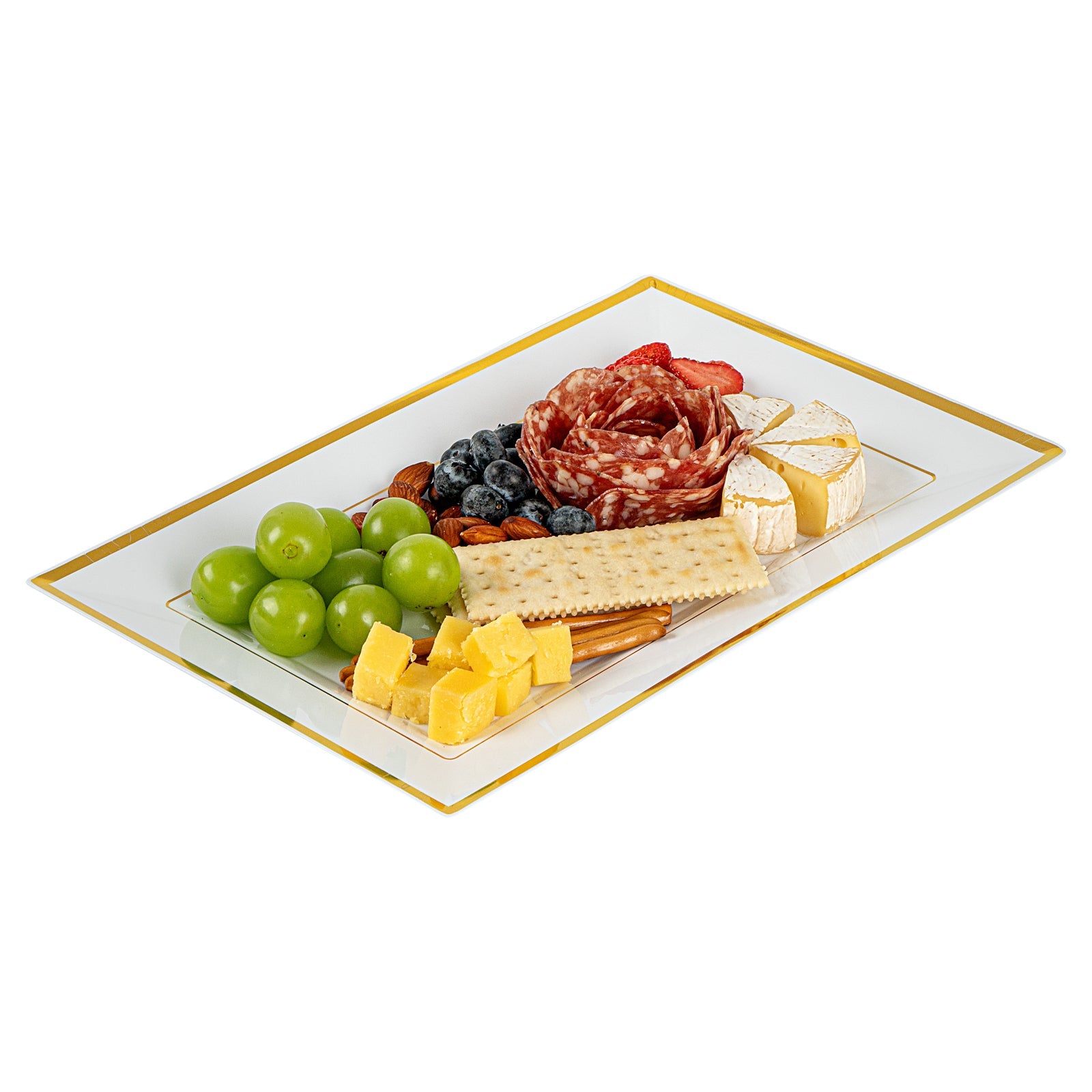 Moderna Rectangle White Plastic Gold-Rimmed Plate - 12 3/4" x 8 1/4" x 3/4" - 10 count box