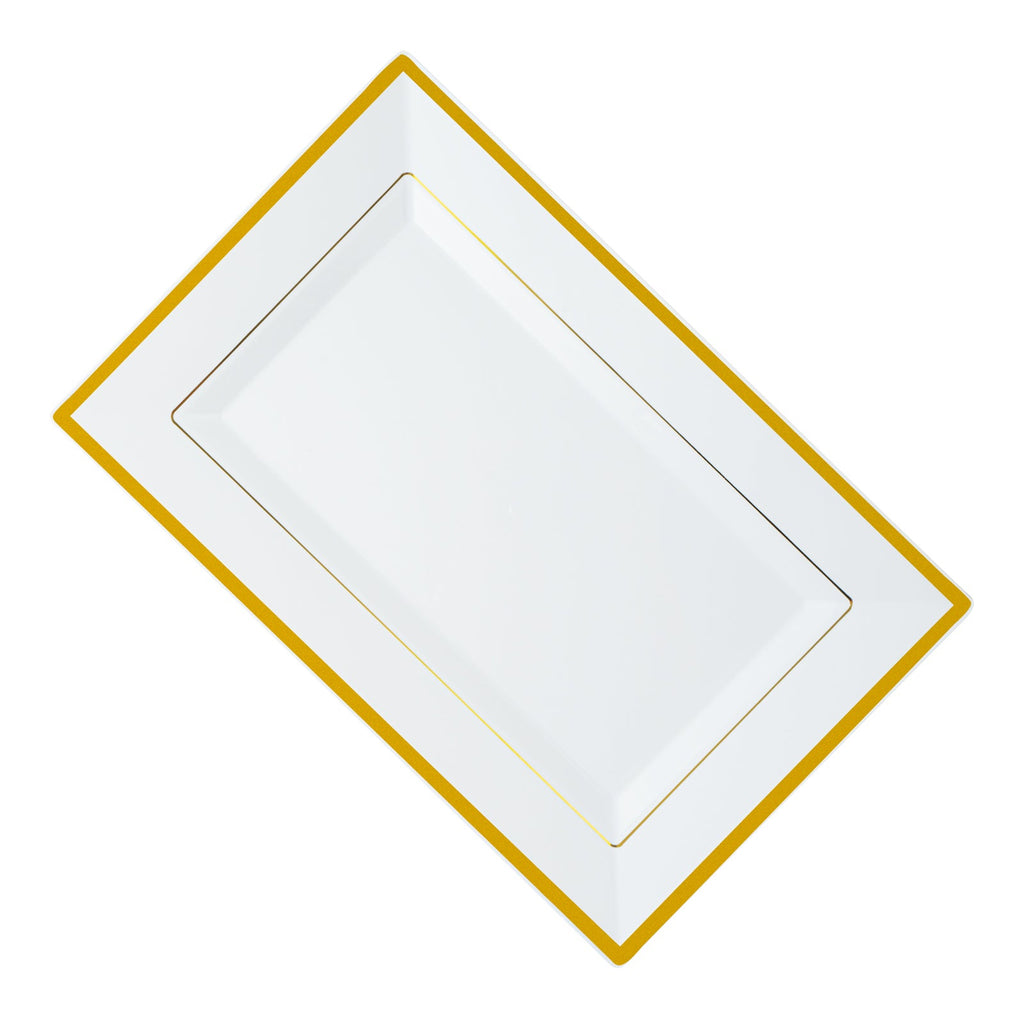Moderna Rectangle White Plastic Gold-Rimmed Plate - 12 3/4" x 8 1/4" x 3/4" - 10 count box