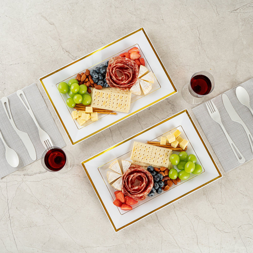 Moderna Rectangle White Plastic Gold-Rimmed Plate - 12 3/4" x 8 1/4" x 3/4" - 10 count box