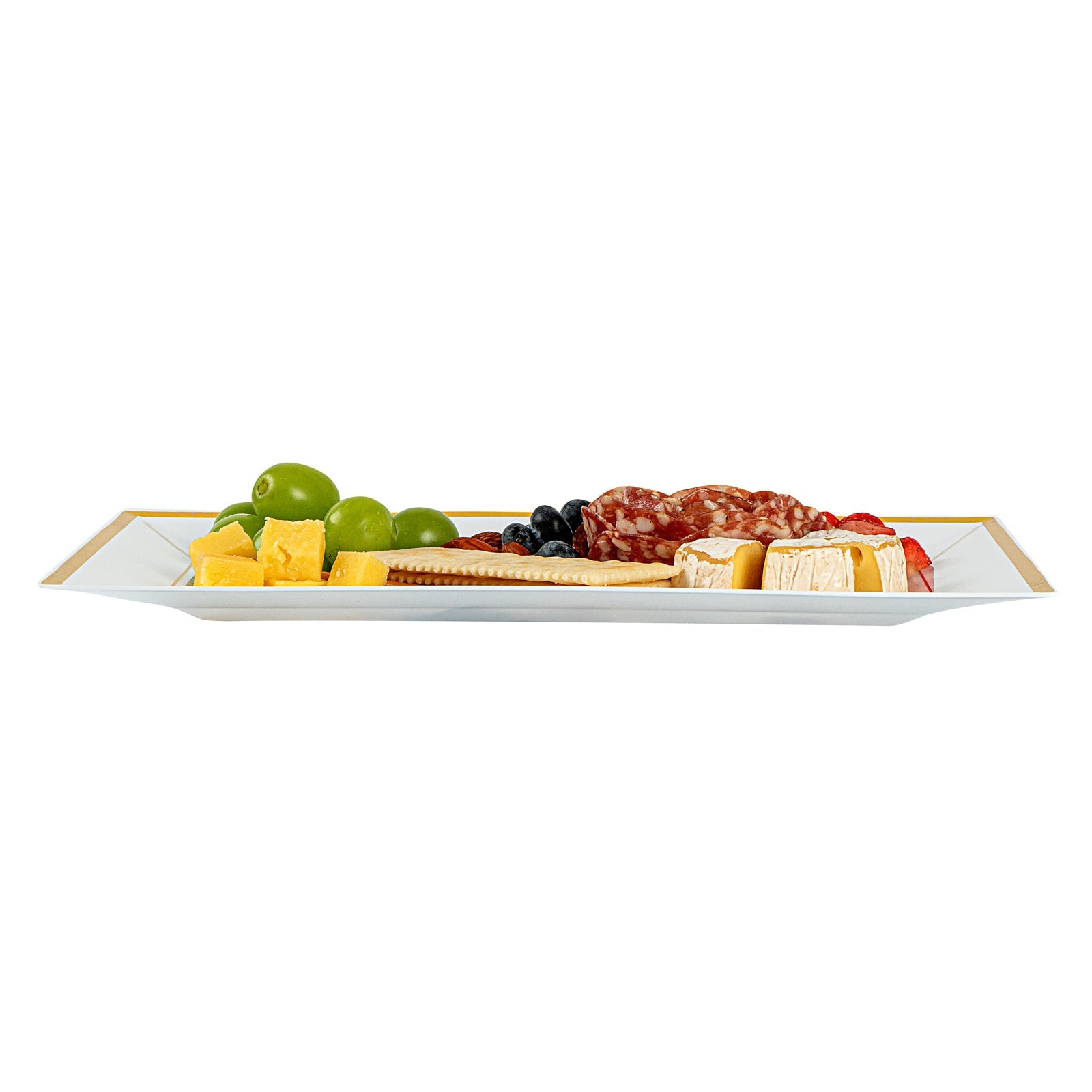 Moderna Rectangle White Plastic Gold-Rimmed Plate - 12 3/4" x 8 1/4" x 3/4" - 100 count box