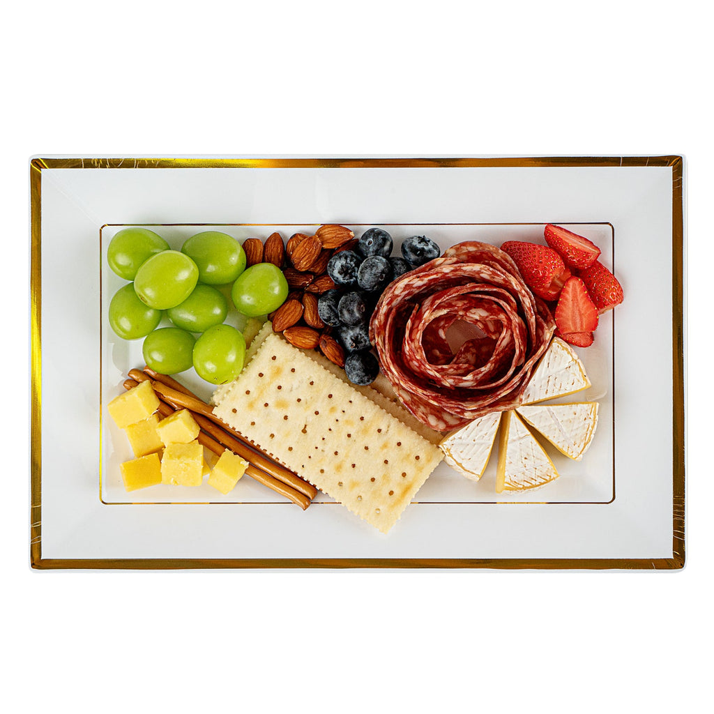 Moderna Rectangle White Plastic Gold-Rimmed Plate - 12 3/4" x 8 1/4" x 3/4" - 100 count box