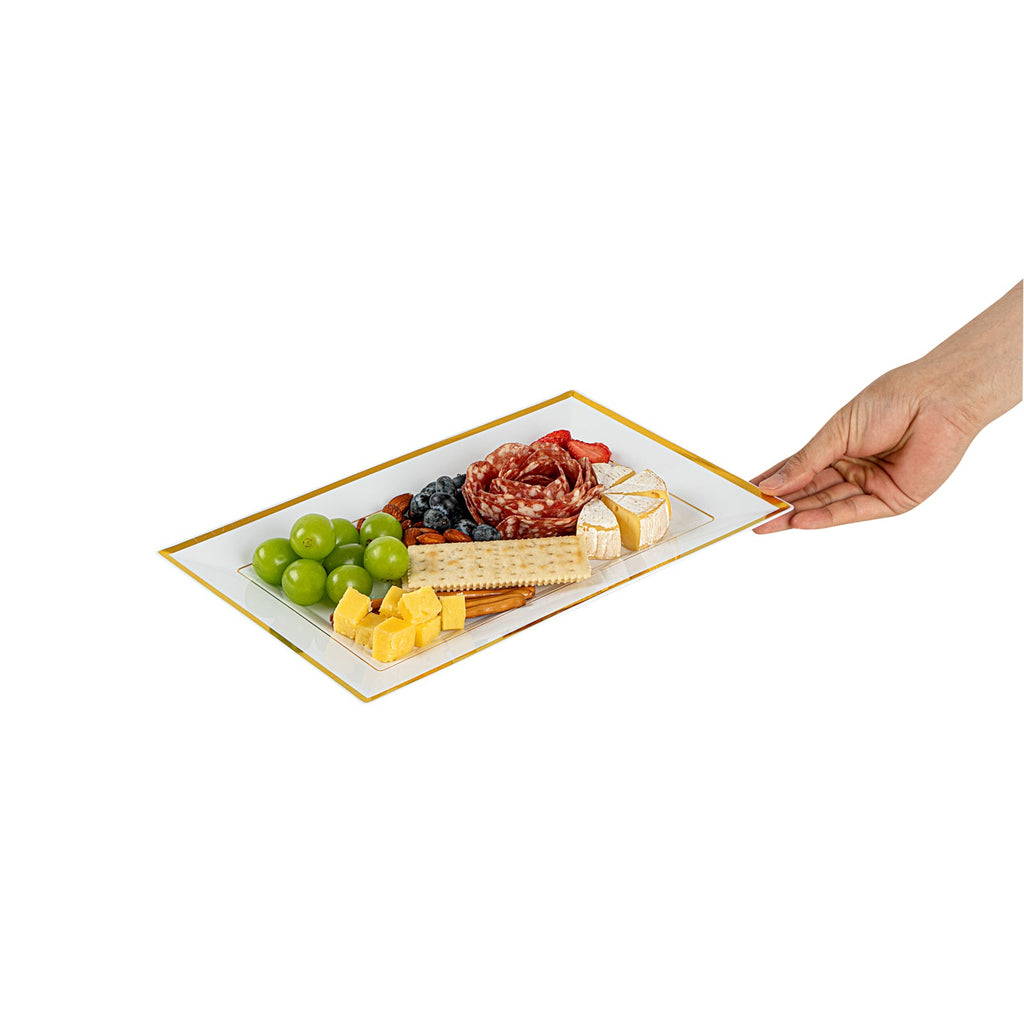Moderna Rectangle White Plastic Gold-Rimmed Plate - 12 3/4" x 8 1/4" x 3/4" - 100 count box