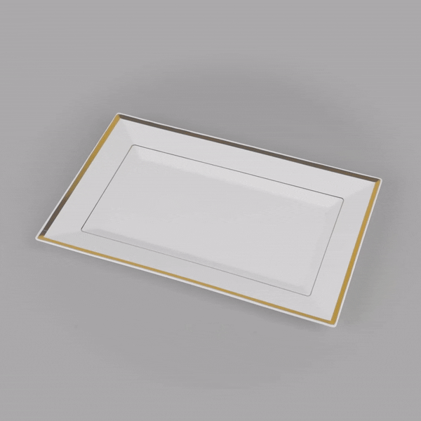Moderna Rectangle White Plastic Gold-Rimmed Plate - 12 3/4" x 8 1/4" x 3/4" - 100 count box