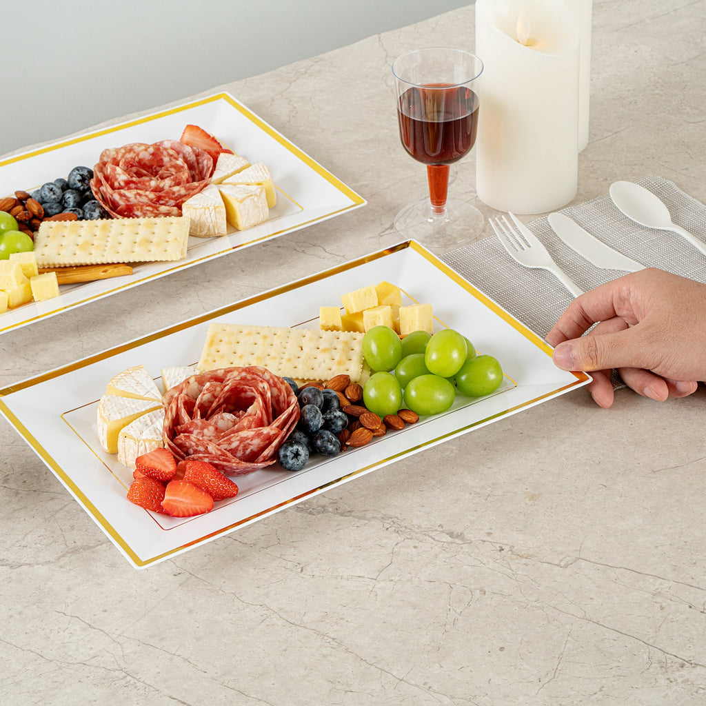 Moderna Rectangle White Plastic Gold-Rimmed Plate - 12 3/4" x 8 1/4" x 3/4" - 100 count box