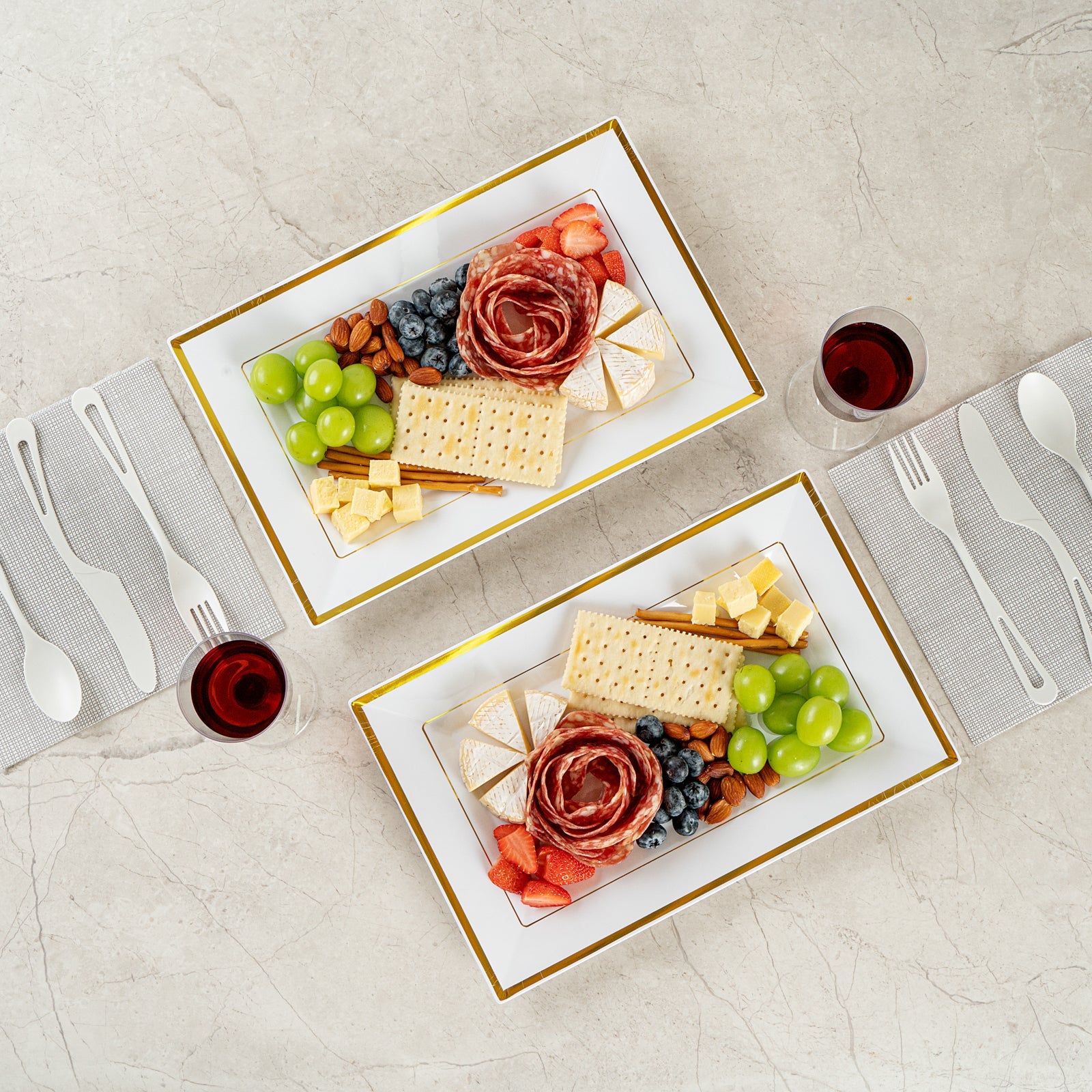 Moderna Rectangle White Plastic Gold-Rimmed Plate - 12 3/4" x 8 1/4" x 3/4" - 100 count box