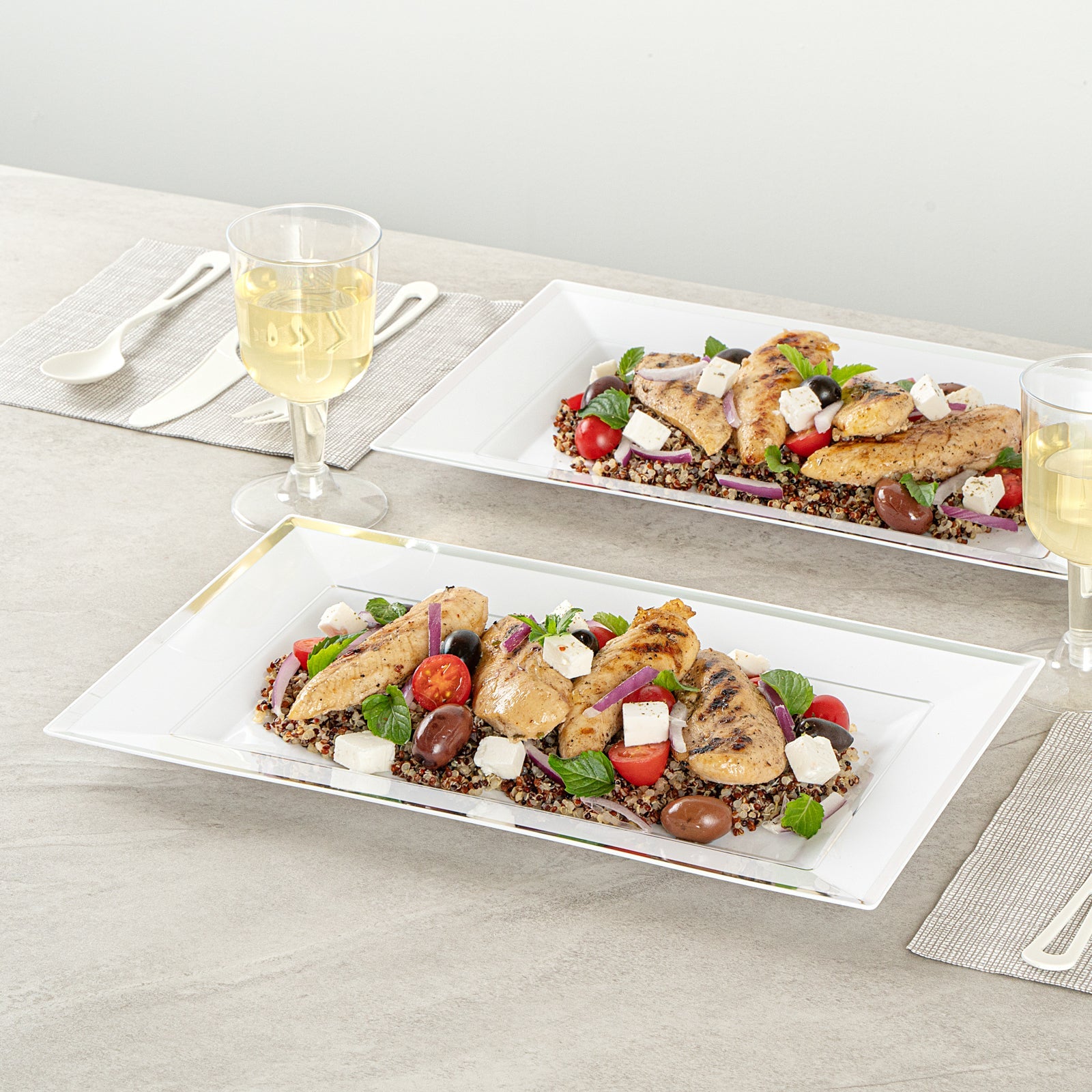 Moderna Rectangle White Plastic Silver-Rimmed Plate - 12 3/4" x 8 1/4" x 3/4" - 10 count box