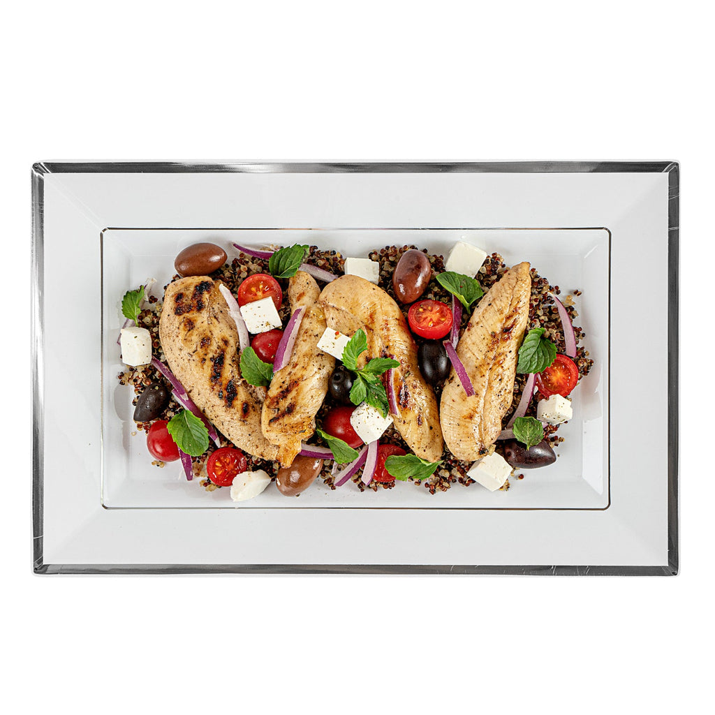 Moderna Rectangle White Plastic Silver-Rimmed Plate - 12 3/4" x 8 1/4" x 3/4" - 10 count box