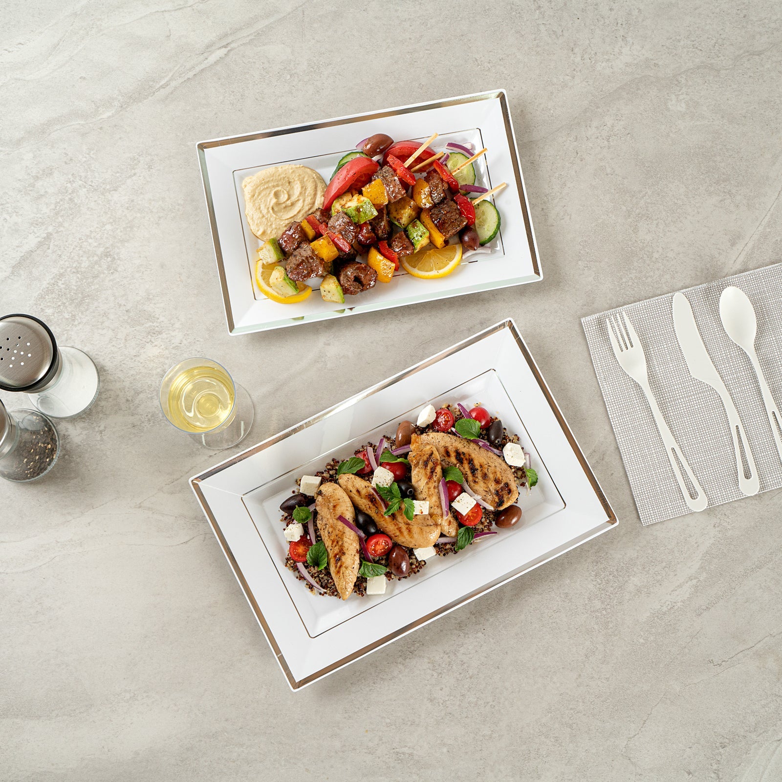 Moderna Rectangle White Plastic Silver-Rimmed Plate - 12 3/4" x 8 1/4" x 3/4" - 10 count box