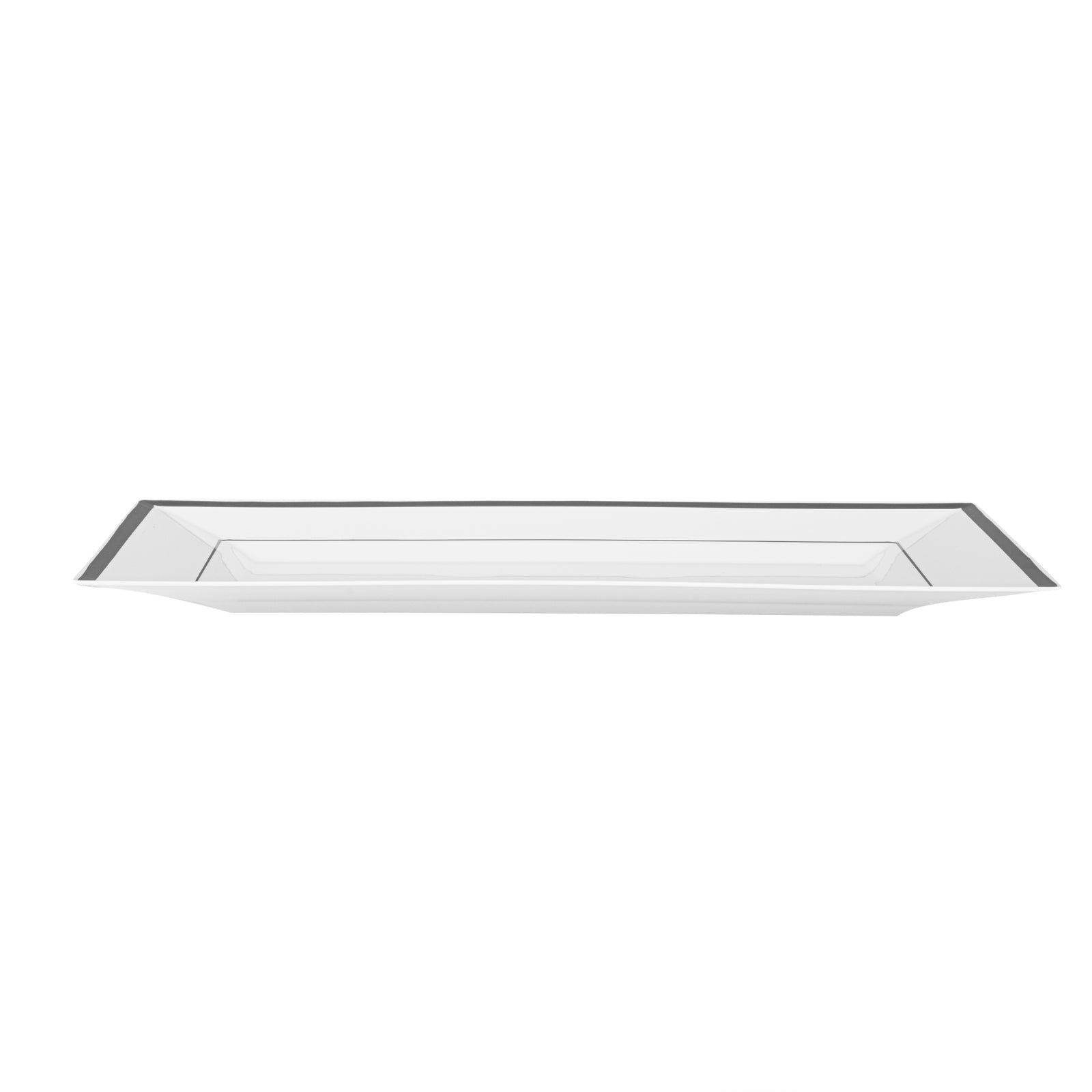 Moderna Rectangle White Plastic Silver-Rimmed Plate - 12 3/4" x 8 1/4" x 3/4" - 100 count box