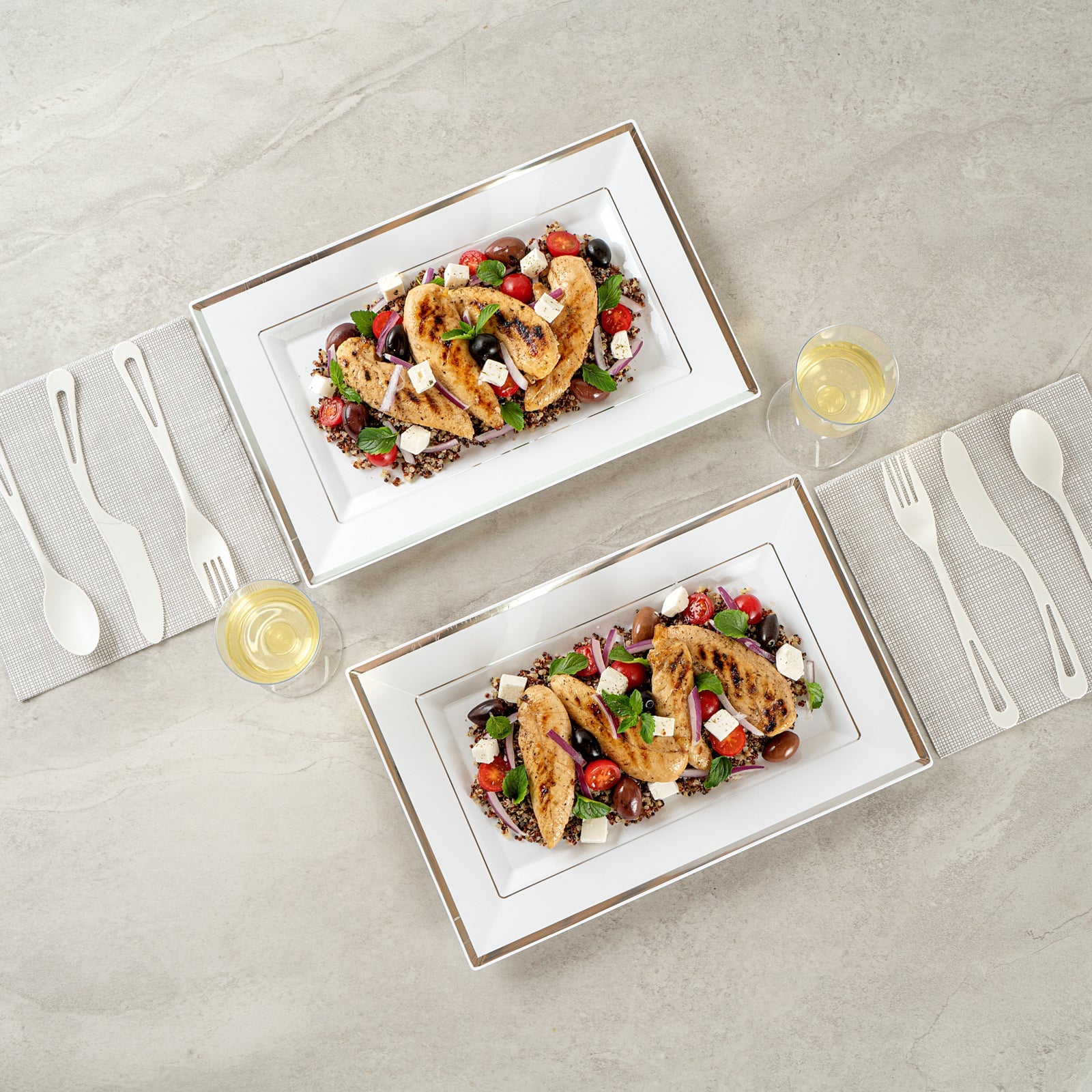 Moderna Rectangle White Plastic Silver-Rimmed Plate - 12 3/4" x 8 1/4" x 3/4" - 100 count box