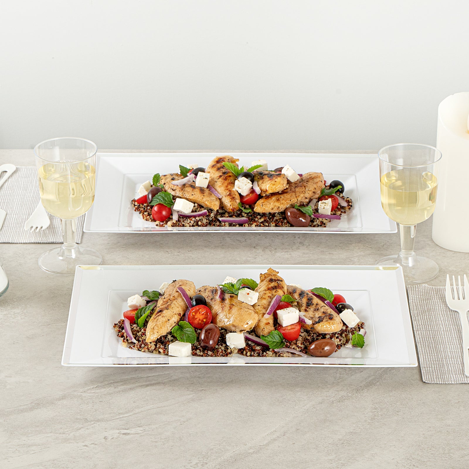 Moderna Rectangle White Plastic Silver-Rimmed Plate - 12 3/4" x 8 1/4" x 3/4" - 100 count box