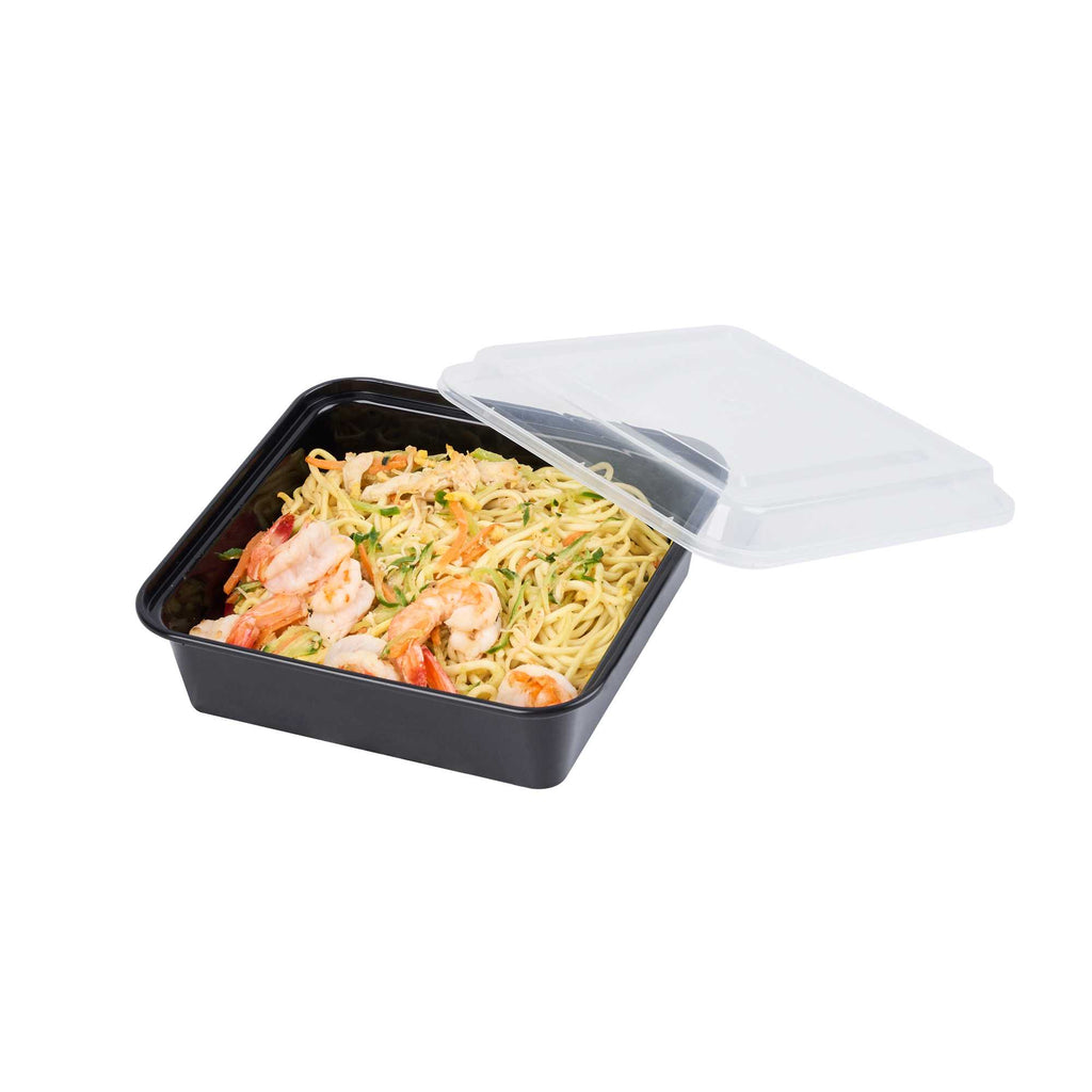 Thermo Tek 32 oz Square Black Plastic Take Out Container - with Lid - 7" x 7" x 2 1/2" - 50 count box
