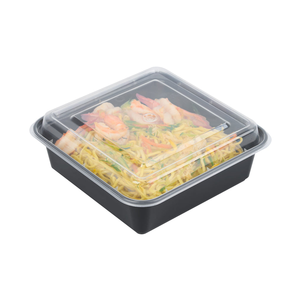 Thermo Tek 32 oz Square Black Plastic Take Out Container - with Lid - 7" x 7" x 2 1/2" - 100 count box