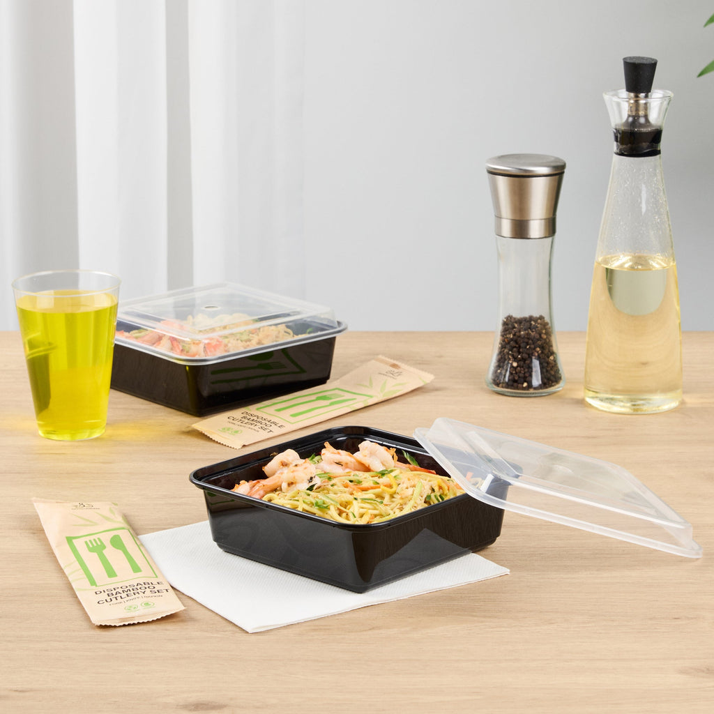 Thermo Tek 32 oz Square Black Plastic Take Out Container - with Lid - 7" x 7" x 2 1/2" - 100 count box