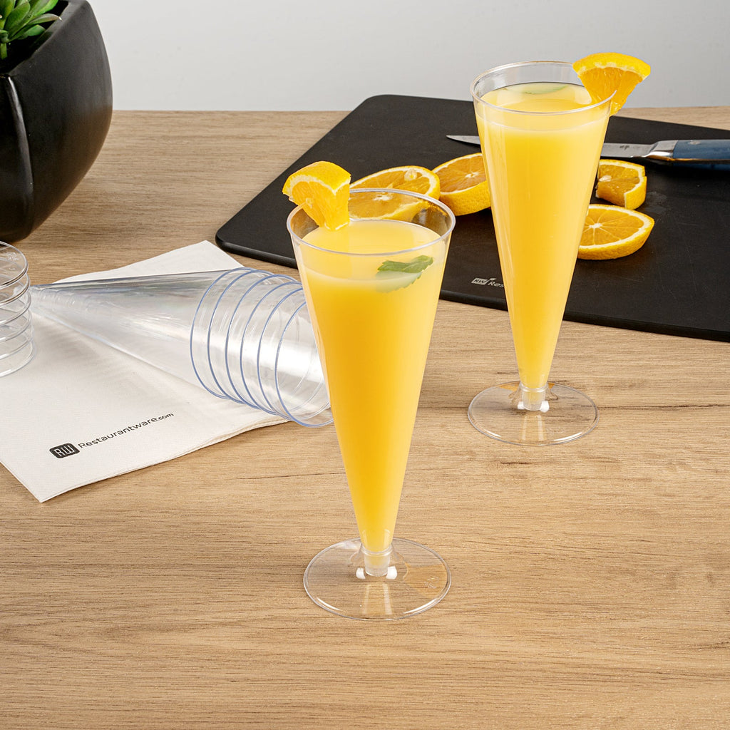 Bev Tek 7 oz Clear Plastic Long Champagne Flute - 2 3/4" x 2 3/4" x 6 3/4" - 20 count box