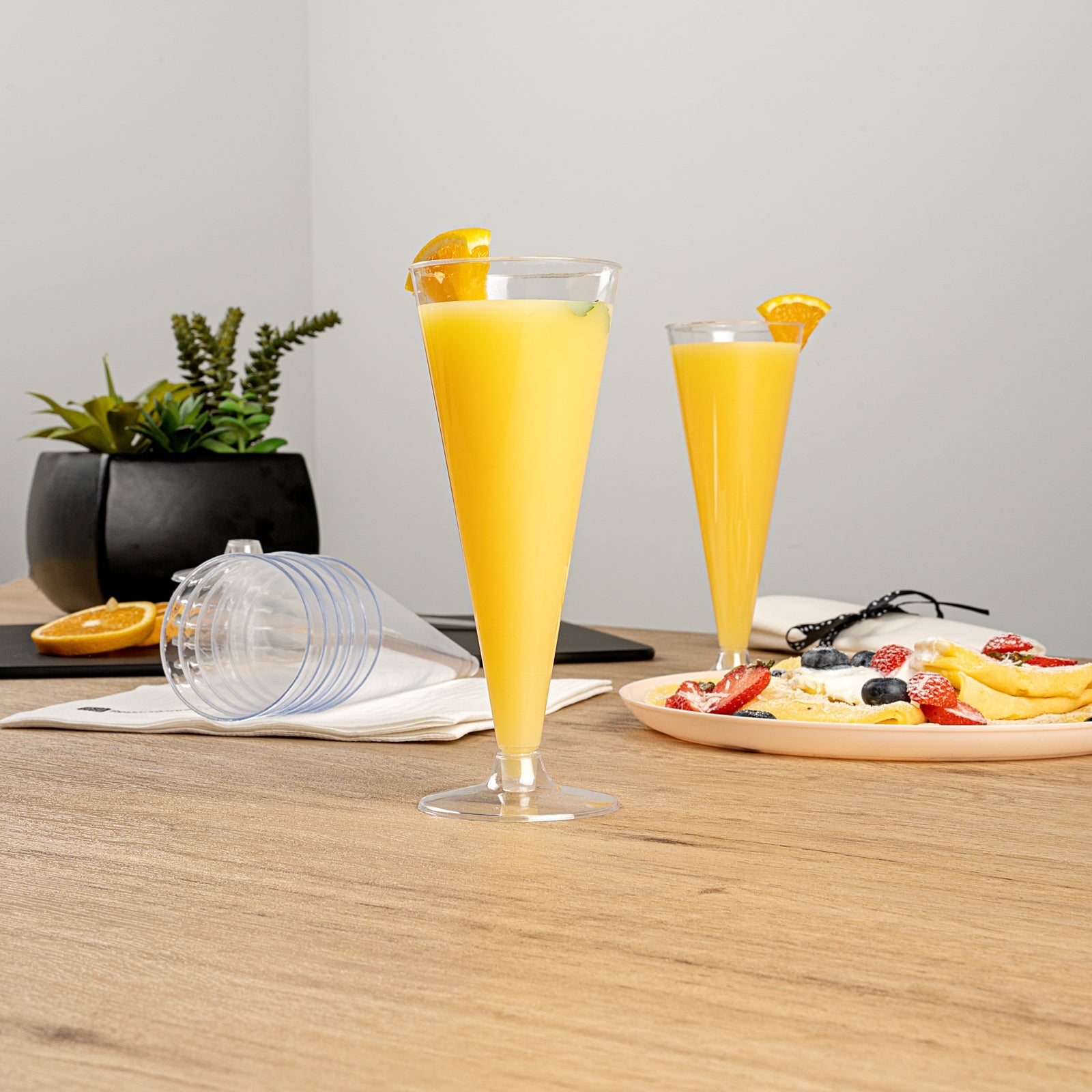 Chef 101 7 oz Clear Plastic Long Champagne Flute - 2 3/4" x 2 3/4" x 6 3/4" - 100 count box
