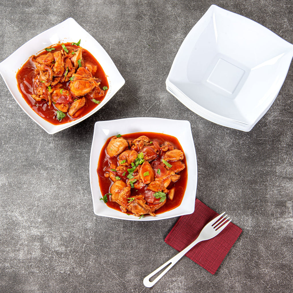 Moderna 32 oz Square White Plastic Bowl - 7 3/4" x 7 3/4" x 2 1/4" - 100 count box