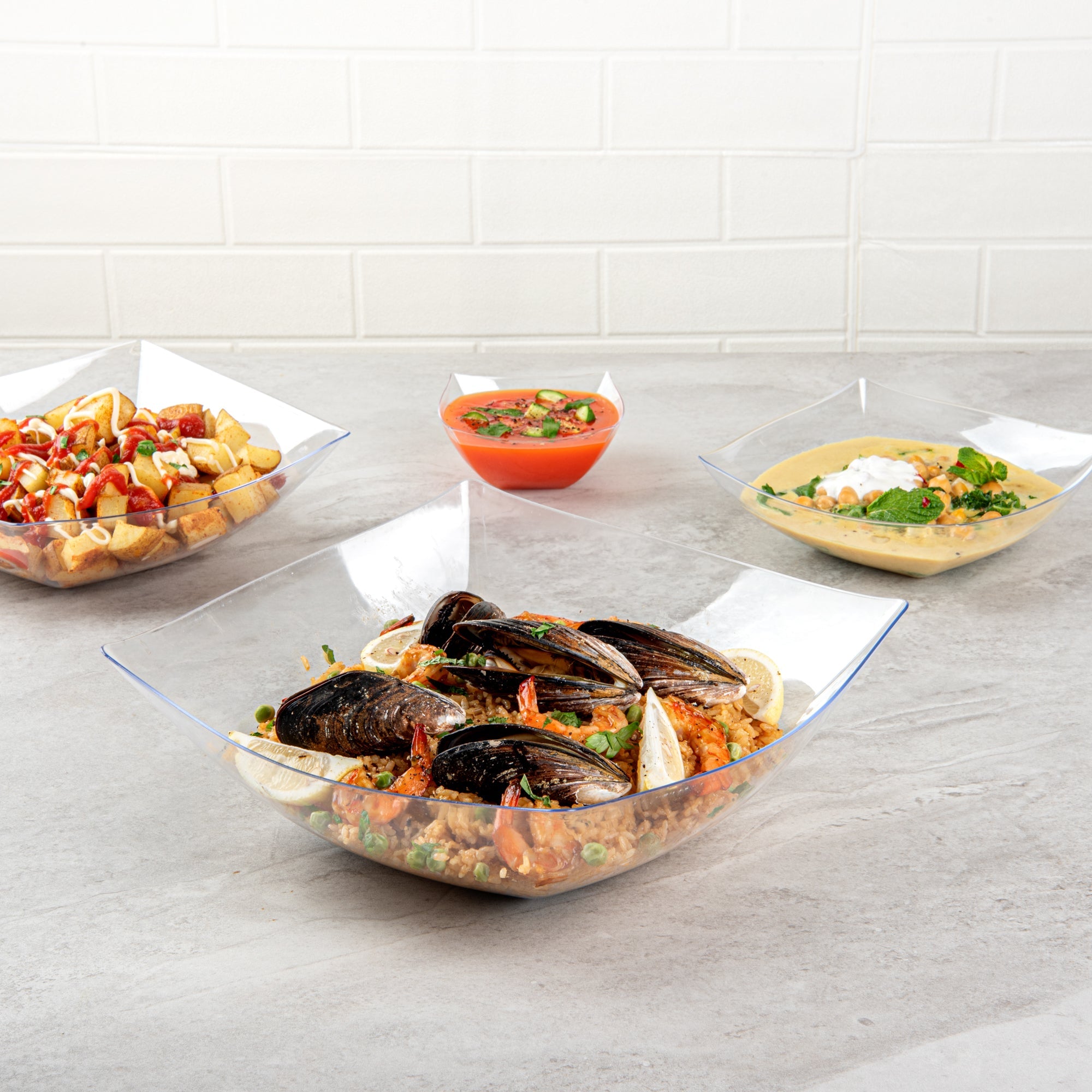 Moderna 128 oz Square Clear Plastic Serving Bowl - 12" x 12" x 4" - 10 count box