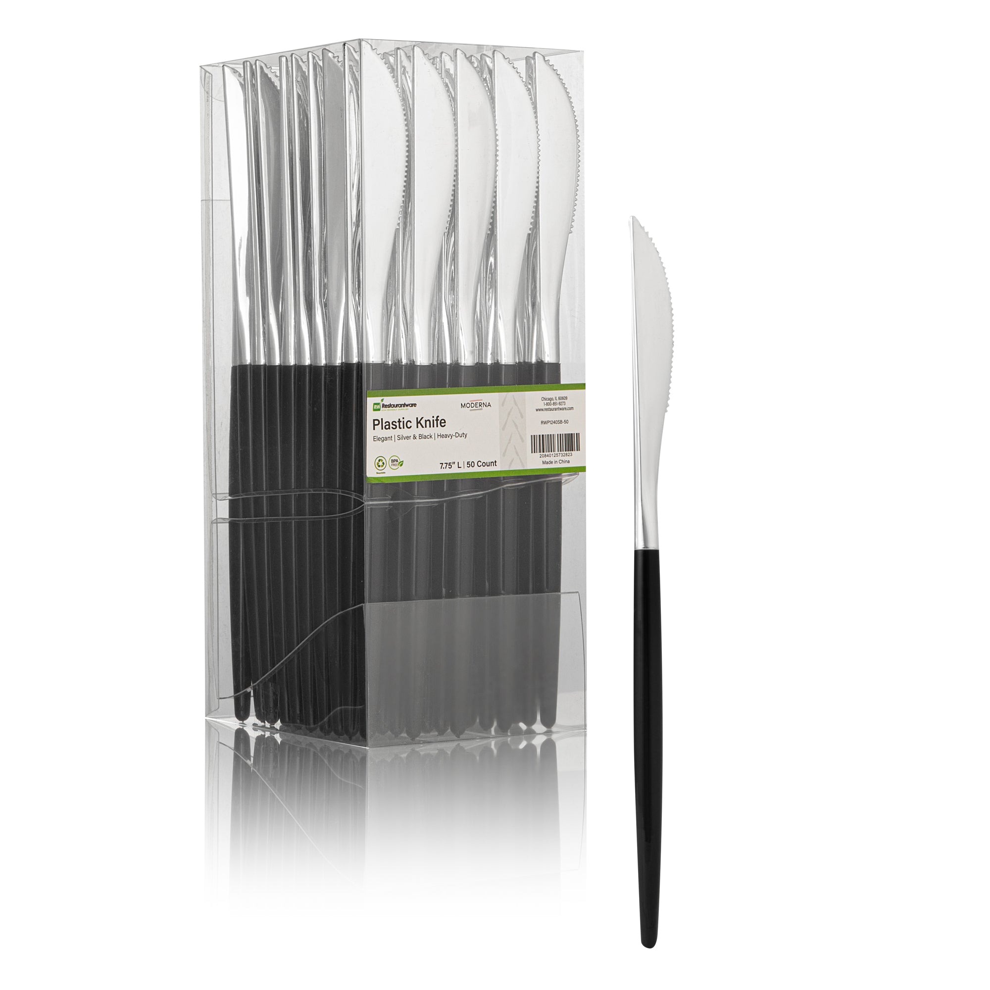 Moderna Silver Plastic Knife - with Black Handle - 7 3/4" - 50 count box
