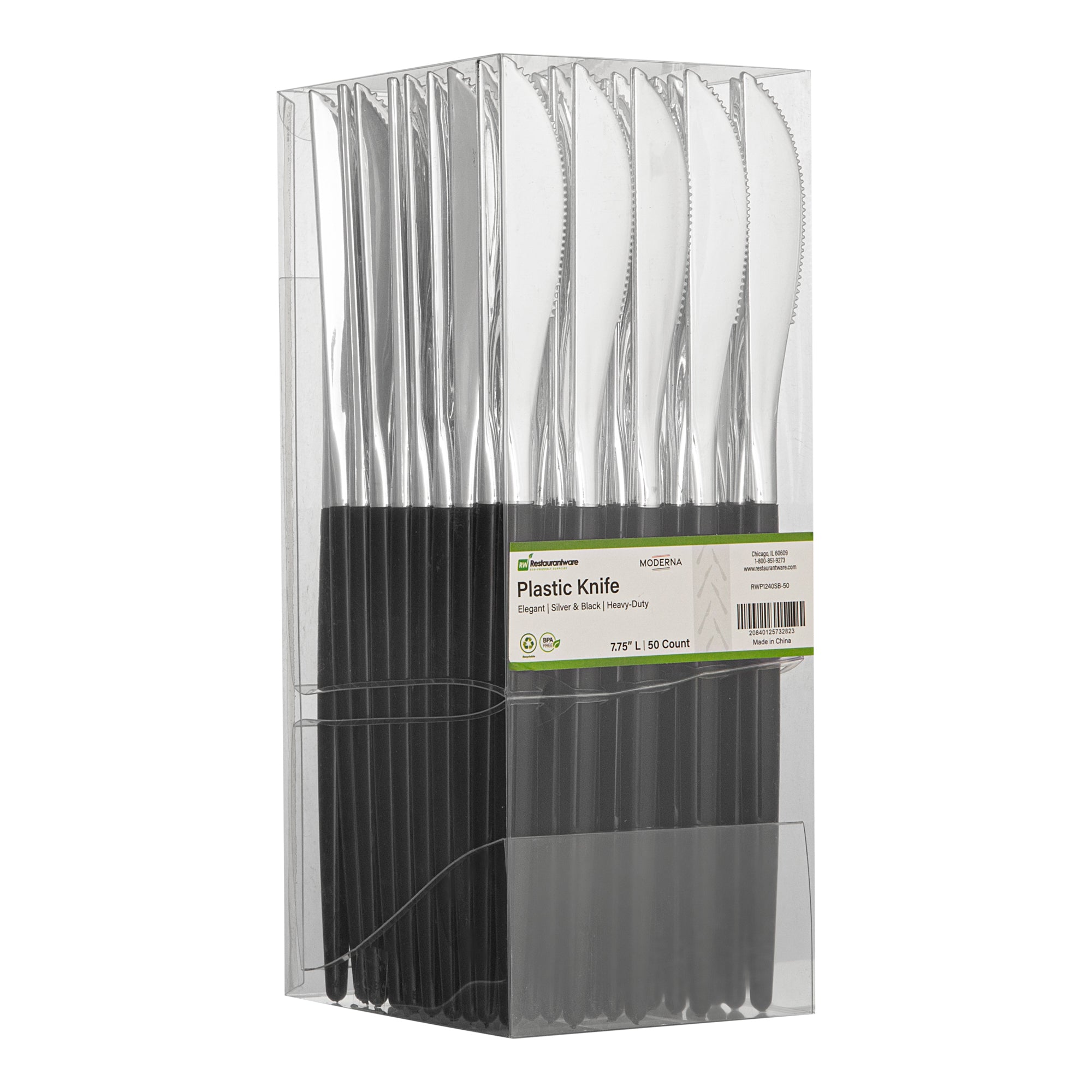 Moderna Silver Plastic Knife - with Black Handle - 7 3/4" - 50 count box