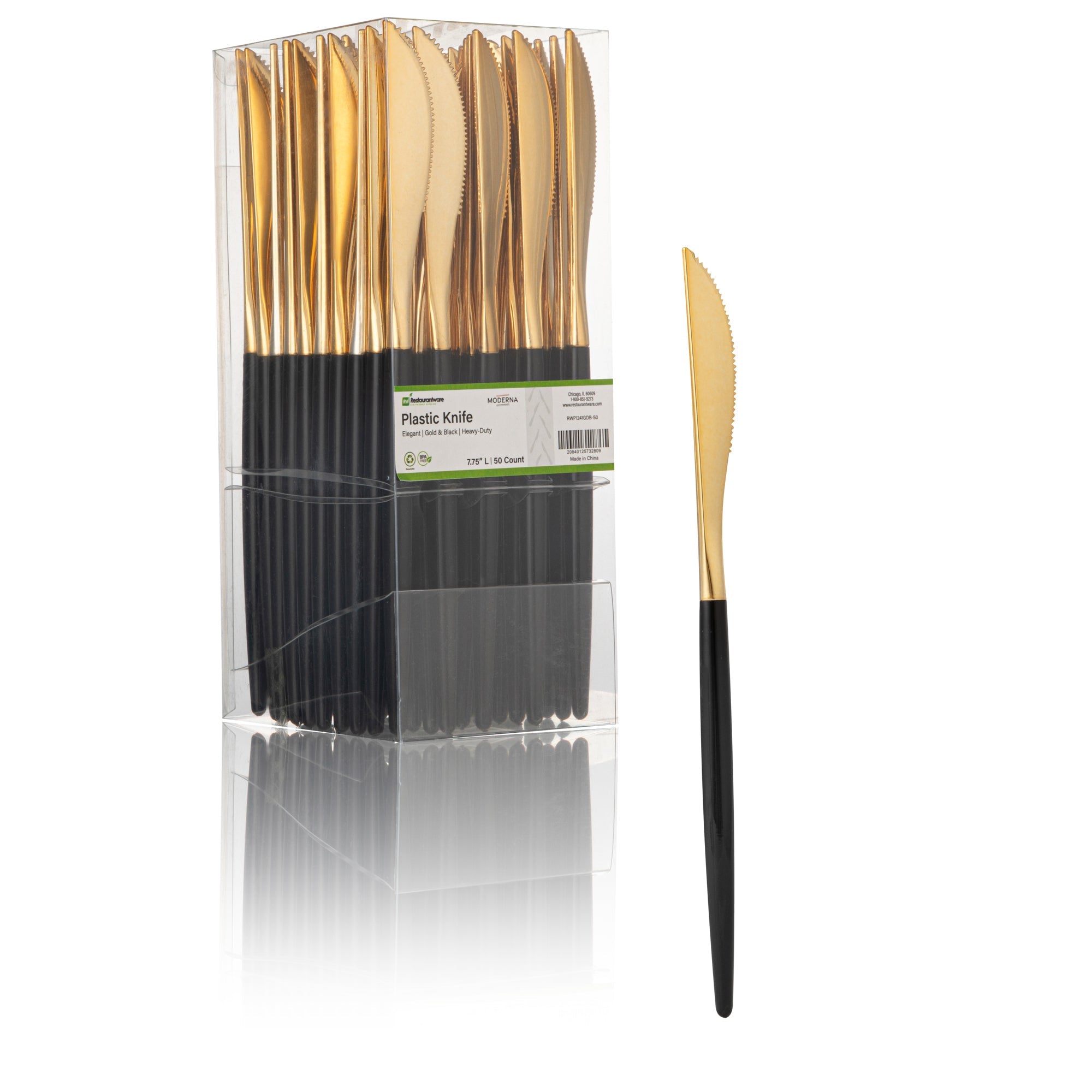 Moderna Gold Plastic Knife - with Black Handle - 7 3/4" - 50 count box