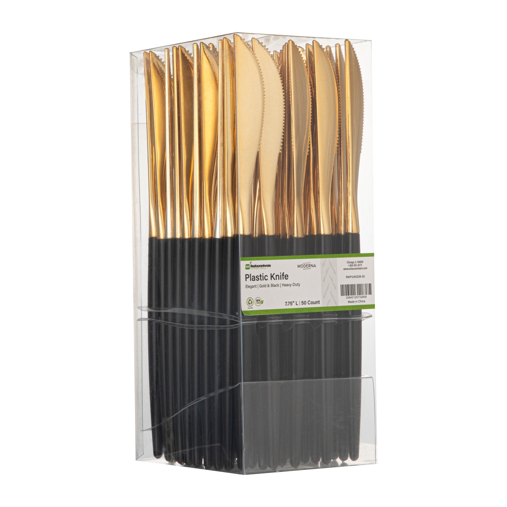 Moderna Gold Plastic Knife - with Black Handle - 7 3/4" - 50 count box