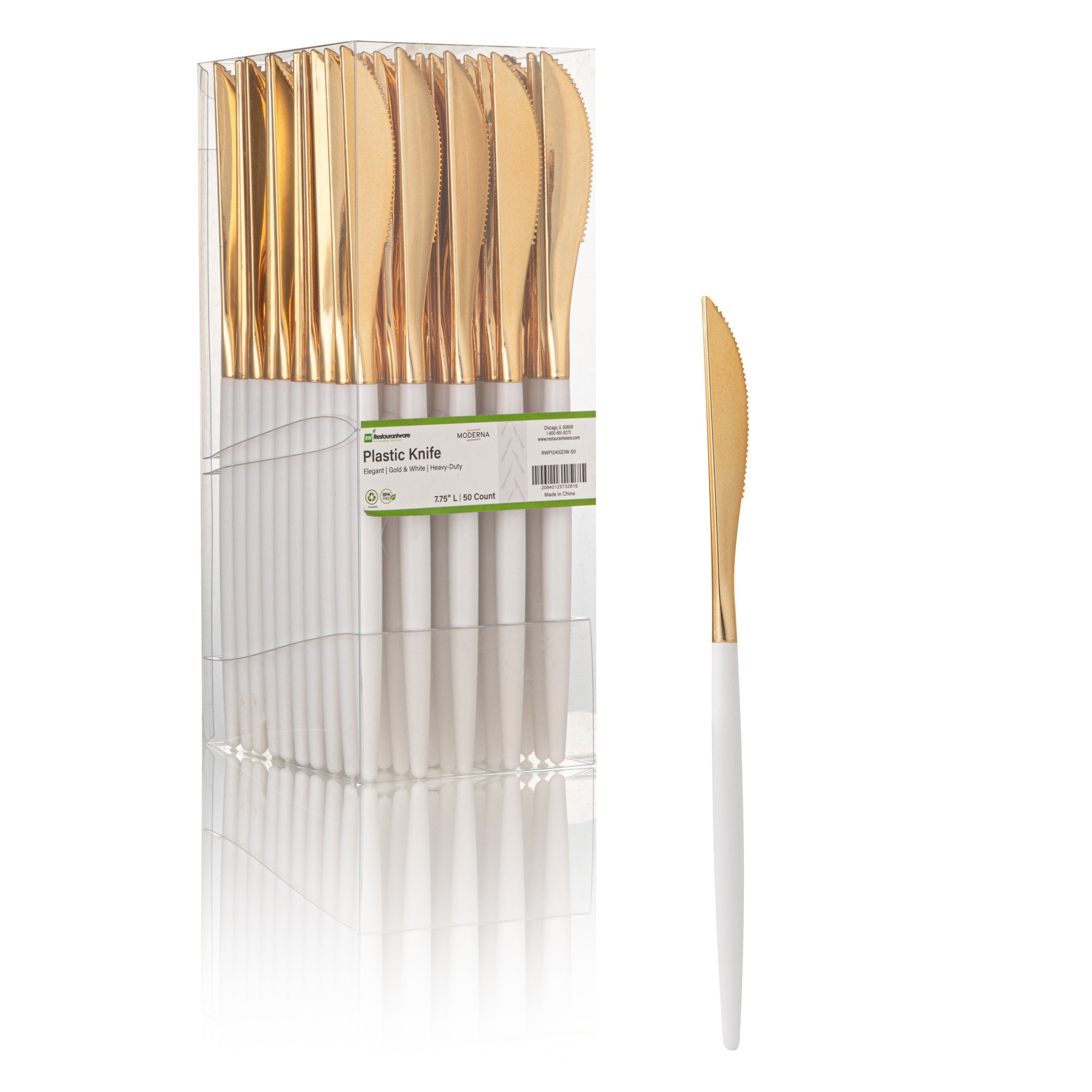 Moderna Gold Plastic Knife - with White Handle - 7 3/4" - 50 count box