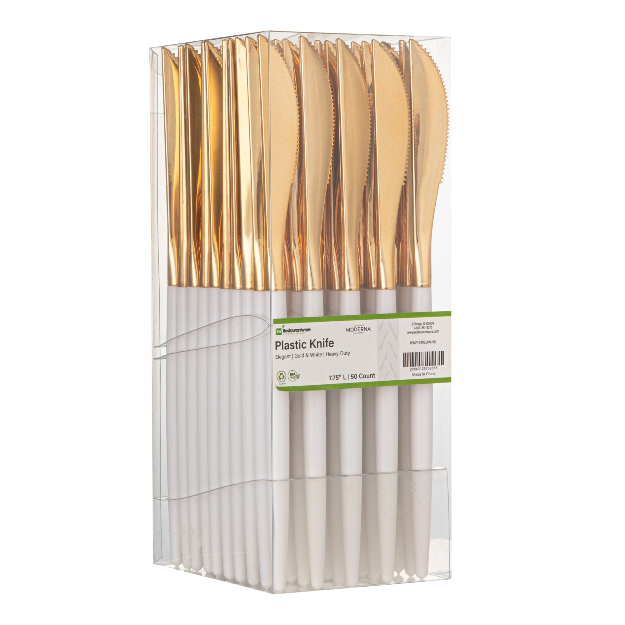 Moderna Gold Plastic Knife - with White Handle - 7 3/4" - 50 count box