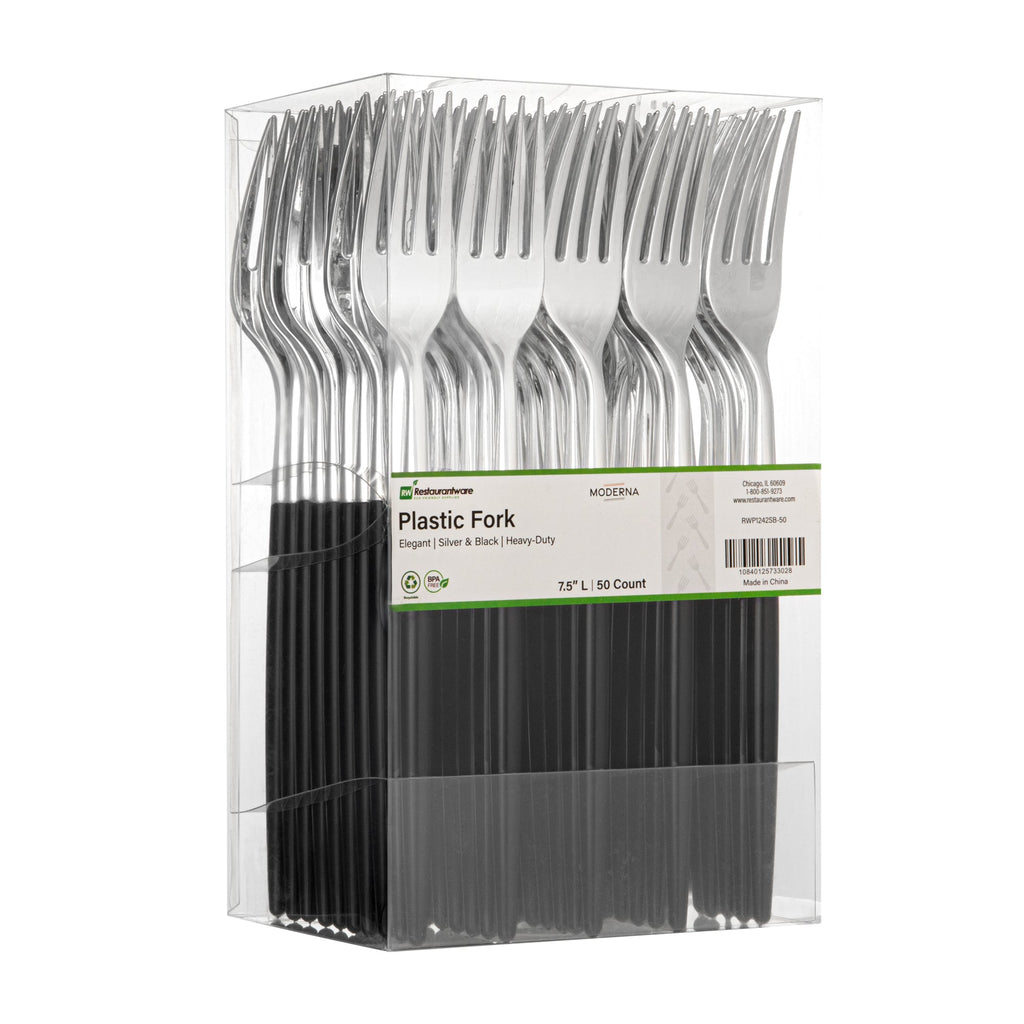 Moderna Silver Plastic Fork - with Black Handle - 7 1/2" - 500 count box