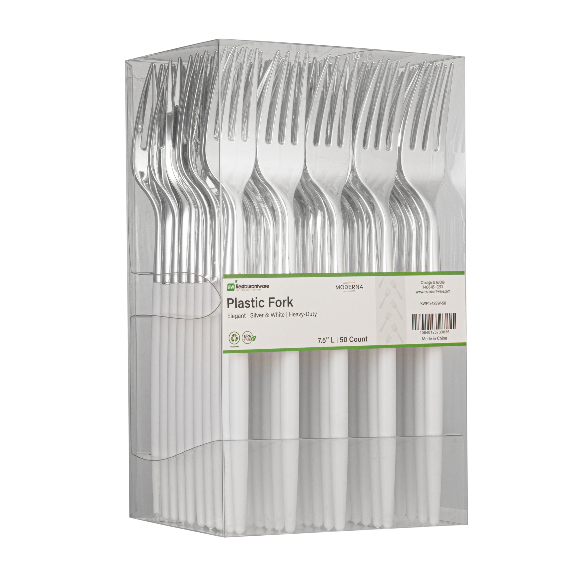 Moderna Silver Plastic Fork - with White Handle - 7 1/2" - 500 count box
