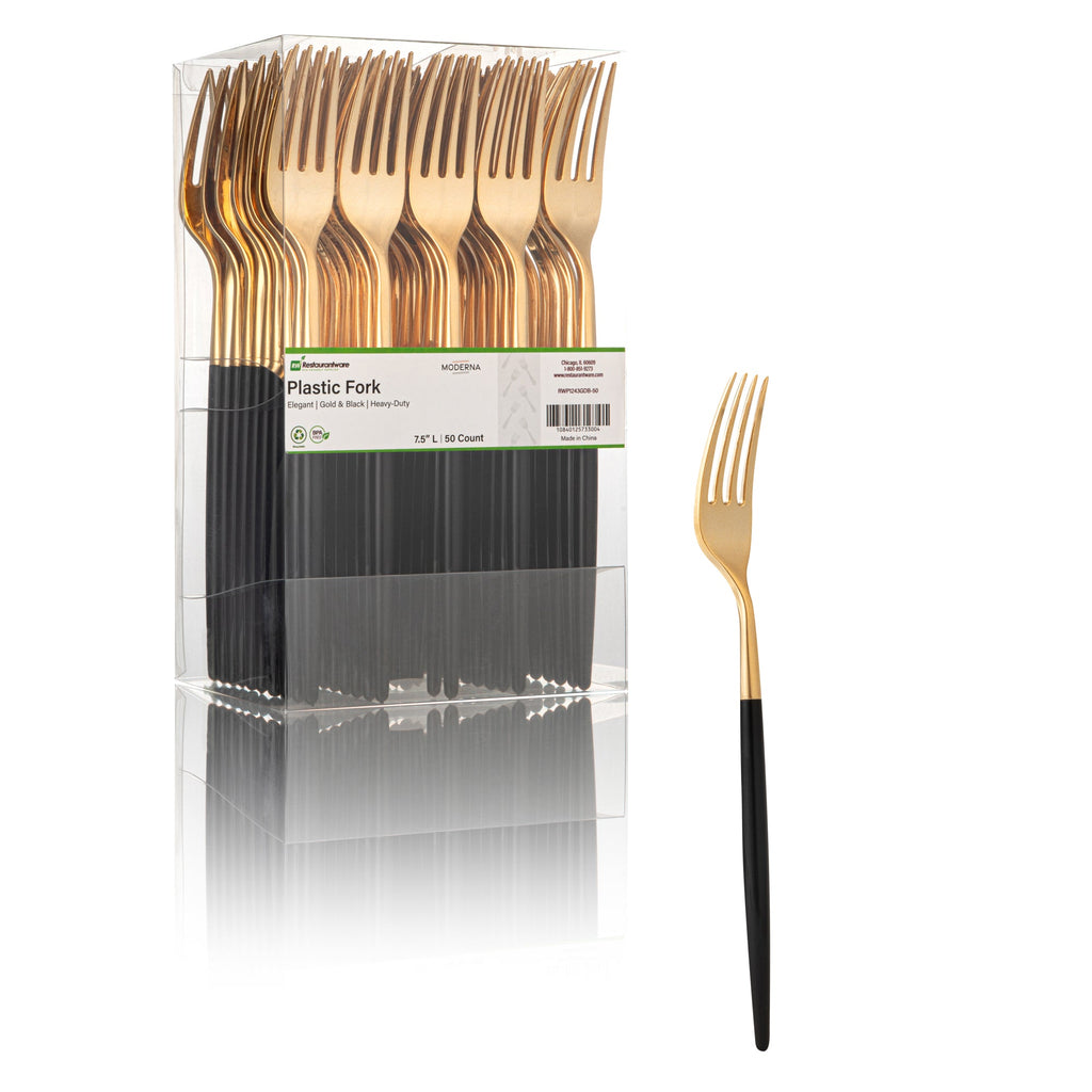 Moderna Gold Plastic Fork - with Black Handle - 7 1/2" - 50 count box