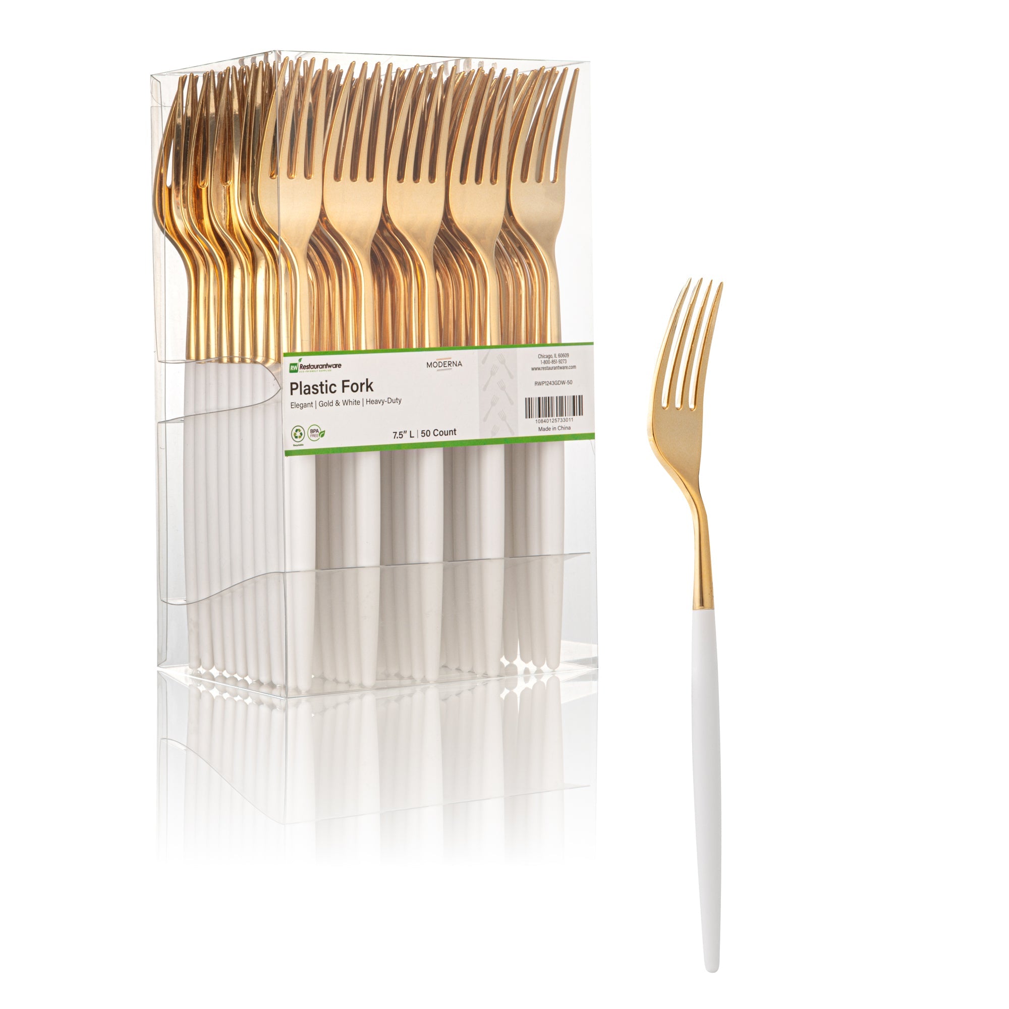 Moderna Gold Plastic Fork - with White Handle - 7 1/2" - 50 count box