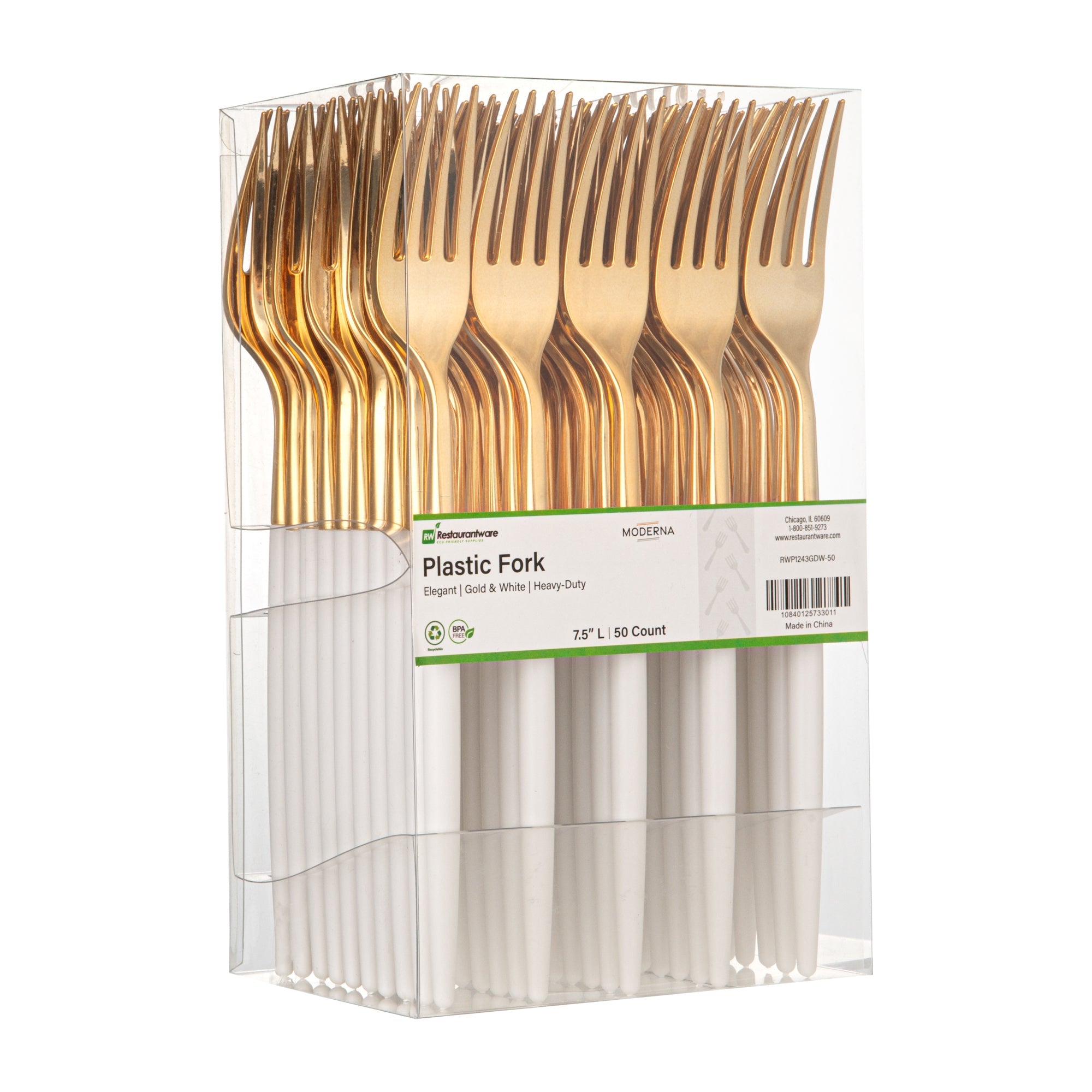 Moderna Gold Plastic Fork - with White Handle - 7 1/2" - 50 count box