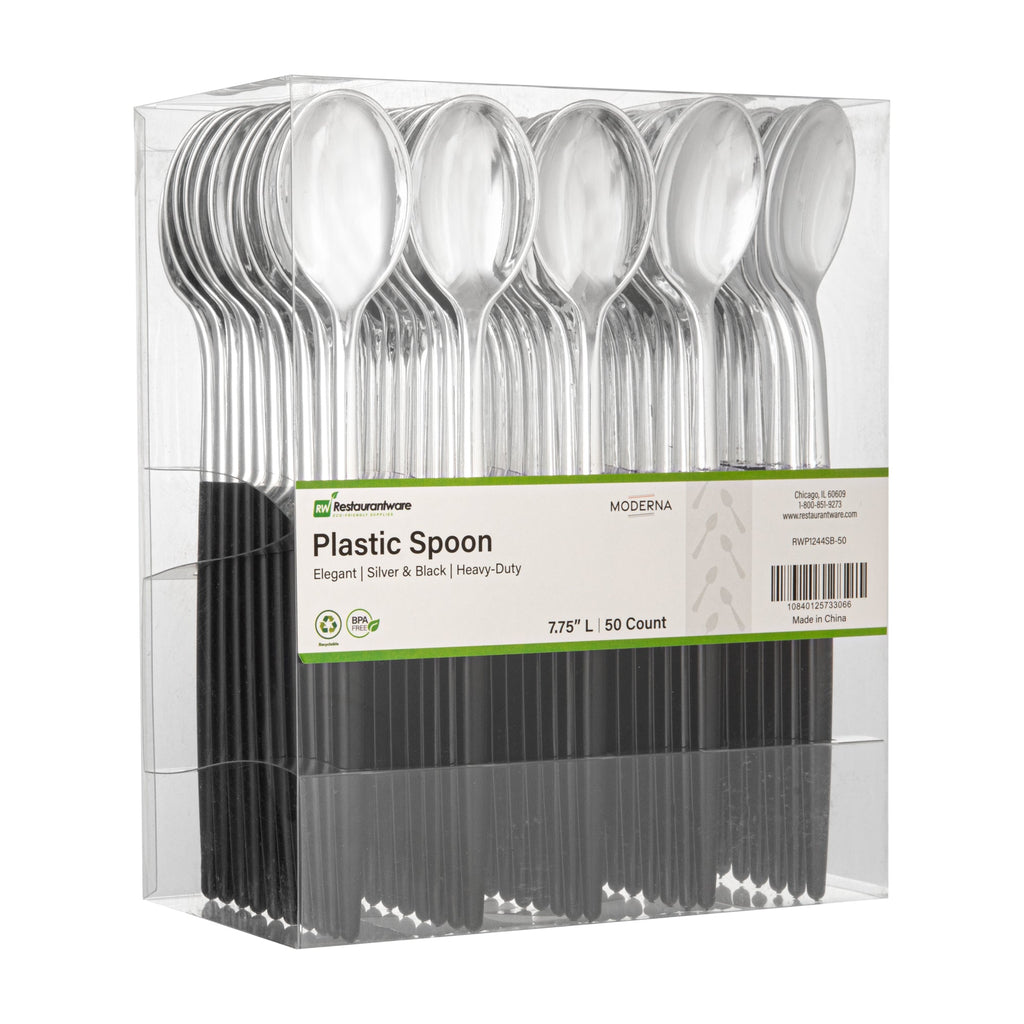 Moderna Silver Plastic Spoon - with Black Handle - 7 3/4" - 50 count box