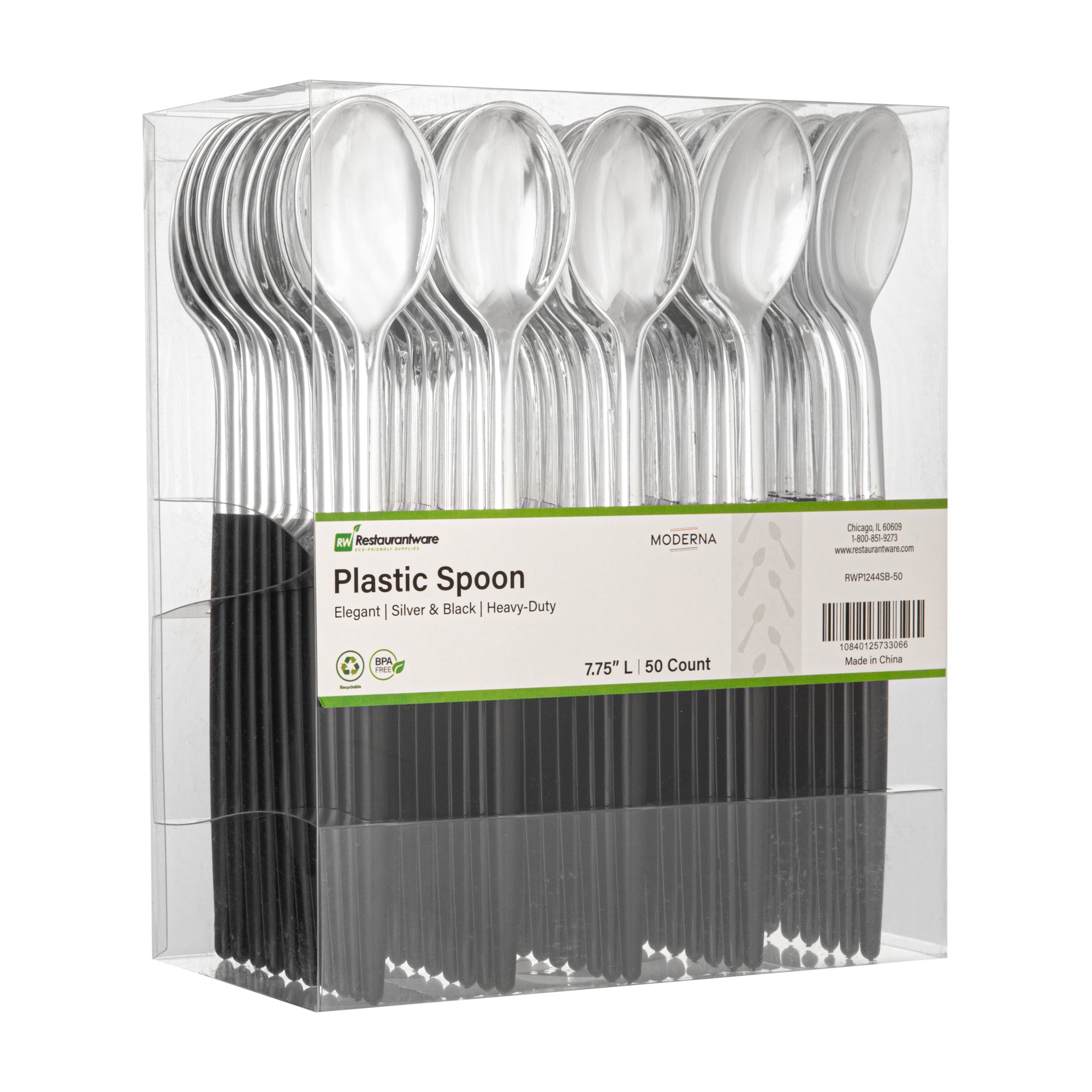 Moderna Silver Plastic Spoon - with Black Handle - 7 3/4" - 500 count box