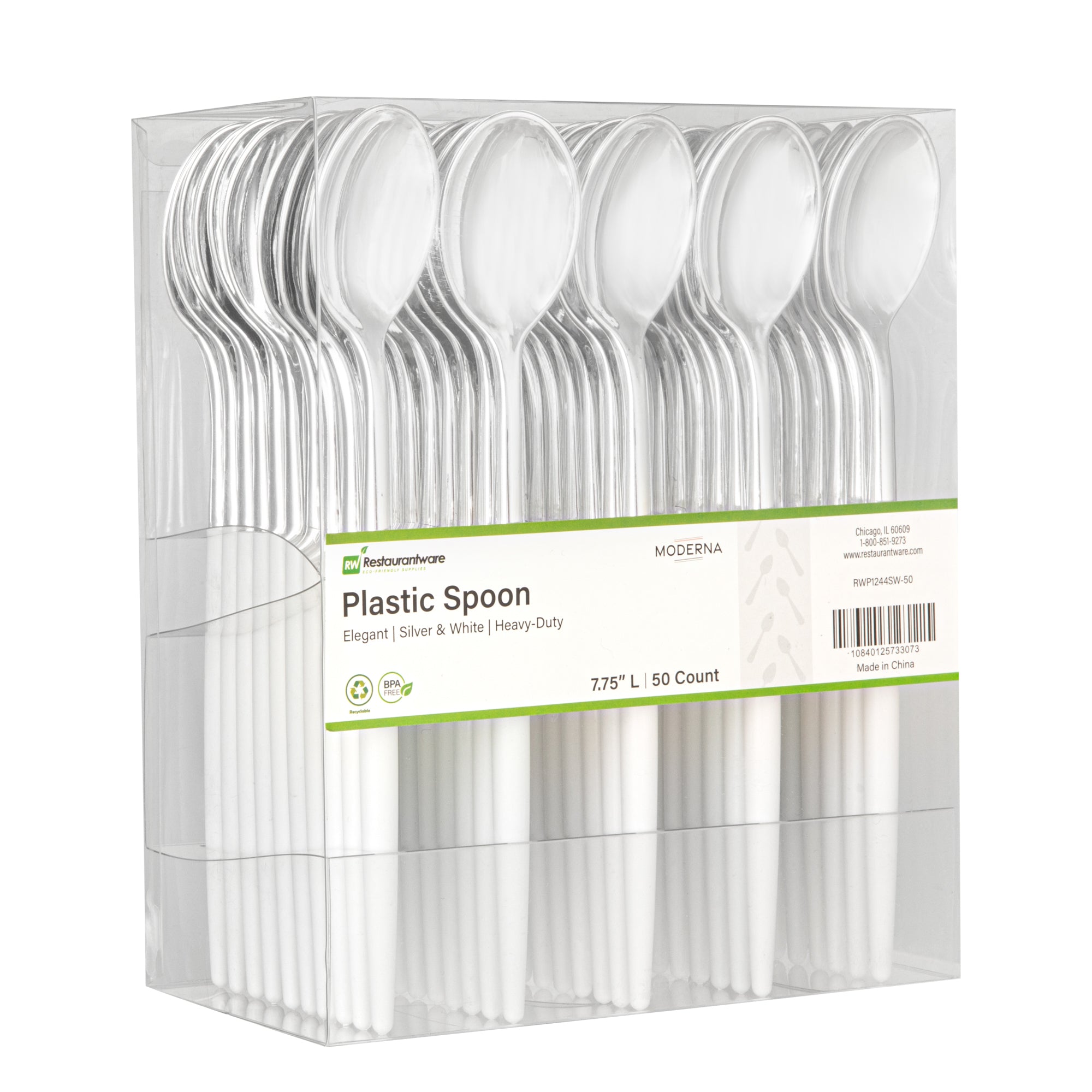 Moderna Silver Plastic Spoon - with White Handle - 7 3/4" - 500 count box