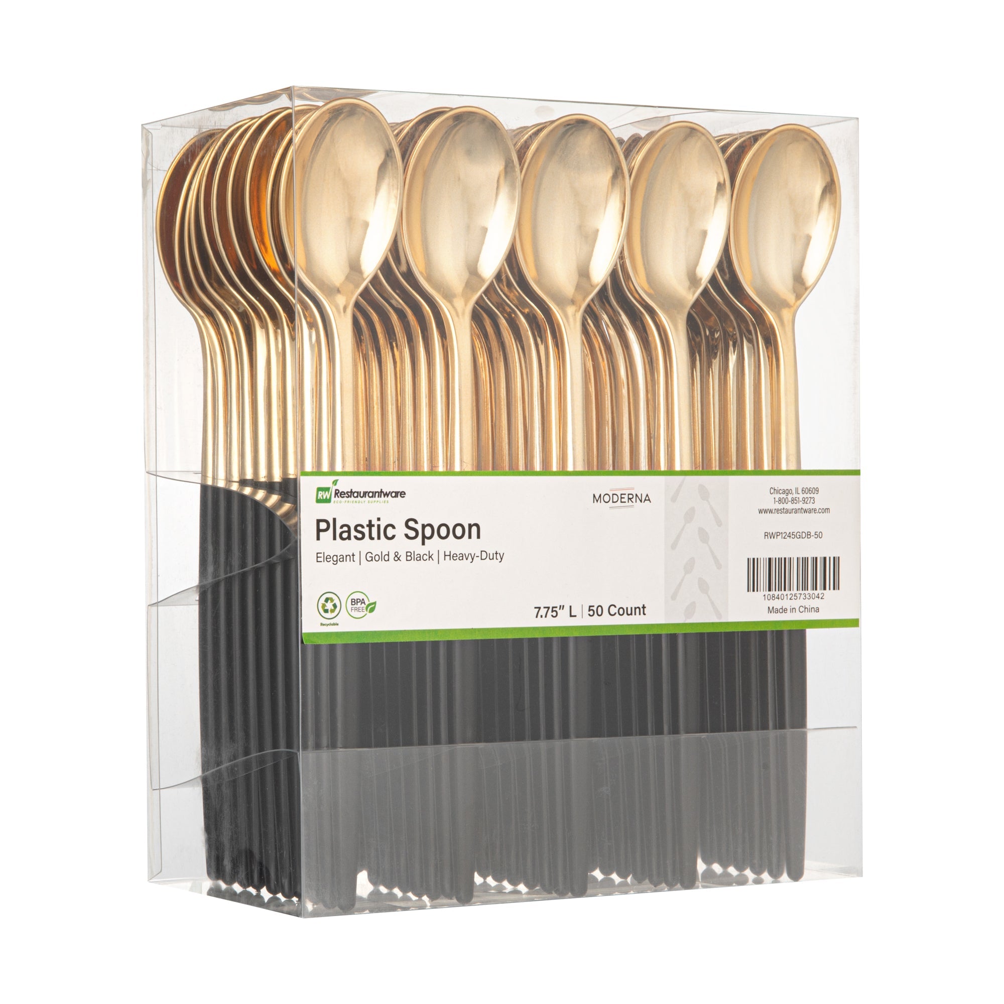 Moderna Gold Plastic Spoon - with Black Handle - 7 3/4" - 50 count box