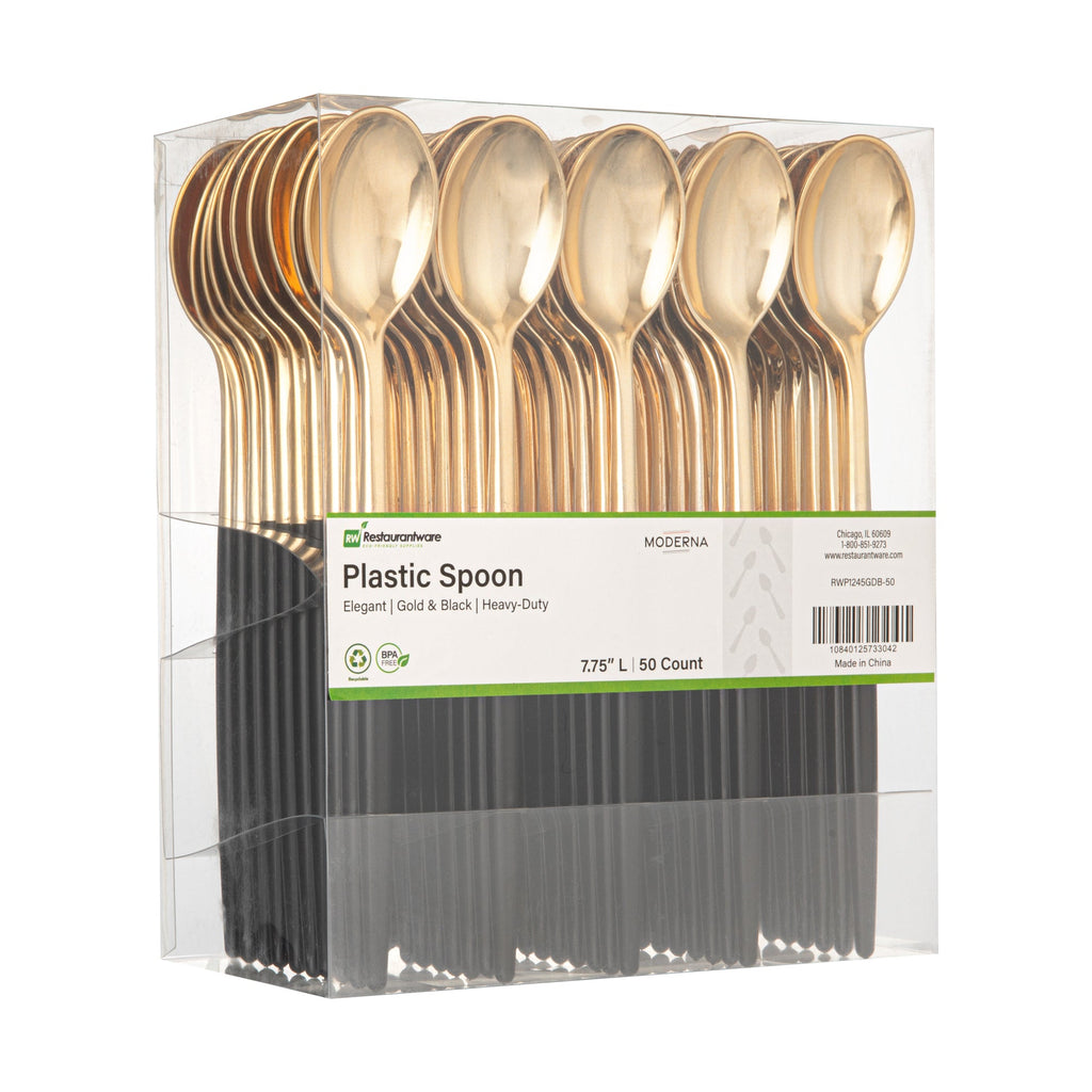 Moderna Gold Plastic Spoon - with Black Handle - 7 3/4" - 500 count box