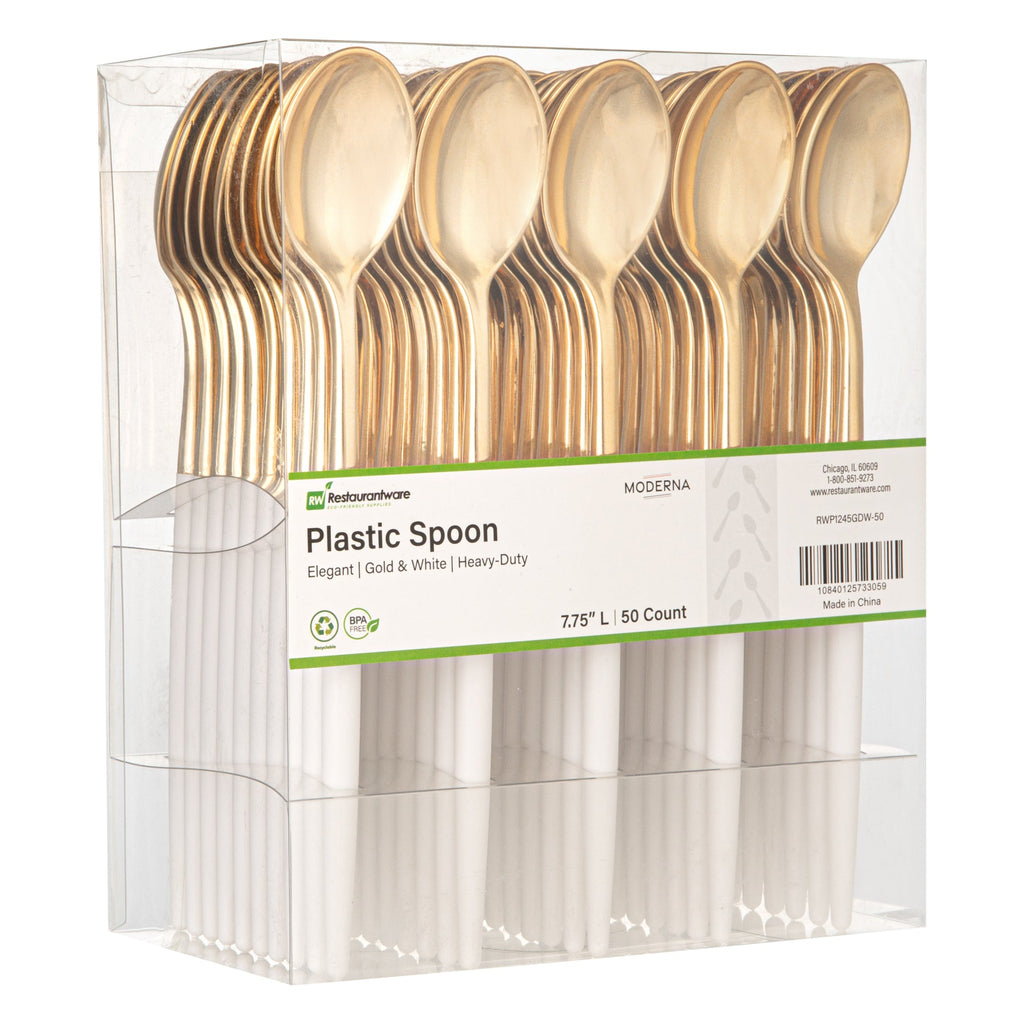 Moderna Gold Plastic Spoon - with White Handle - 7 3/4" - 50 count box