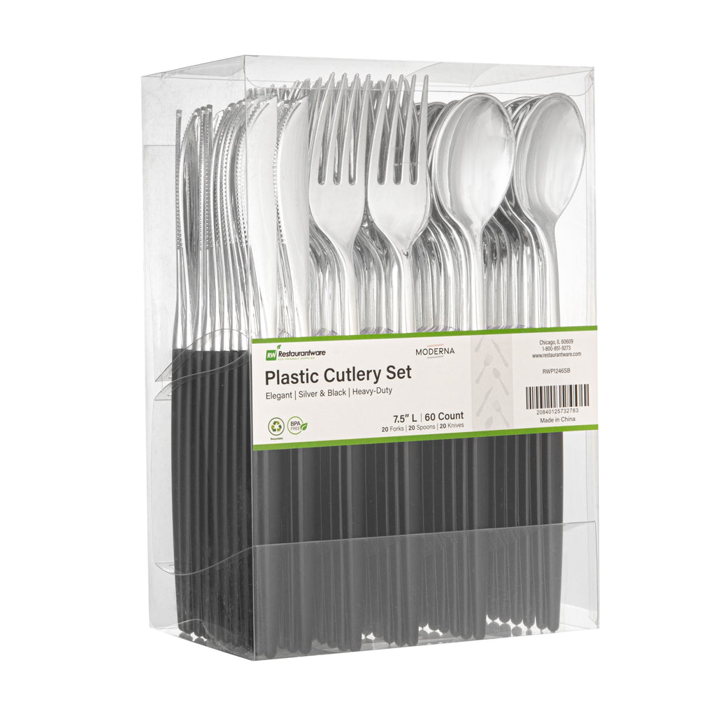 Moderna Silver Plastic Cutlery Set - with Black Handle - 7 1/2" - 60 count box