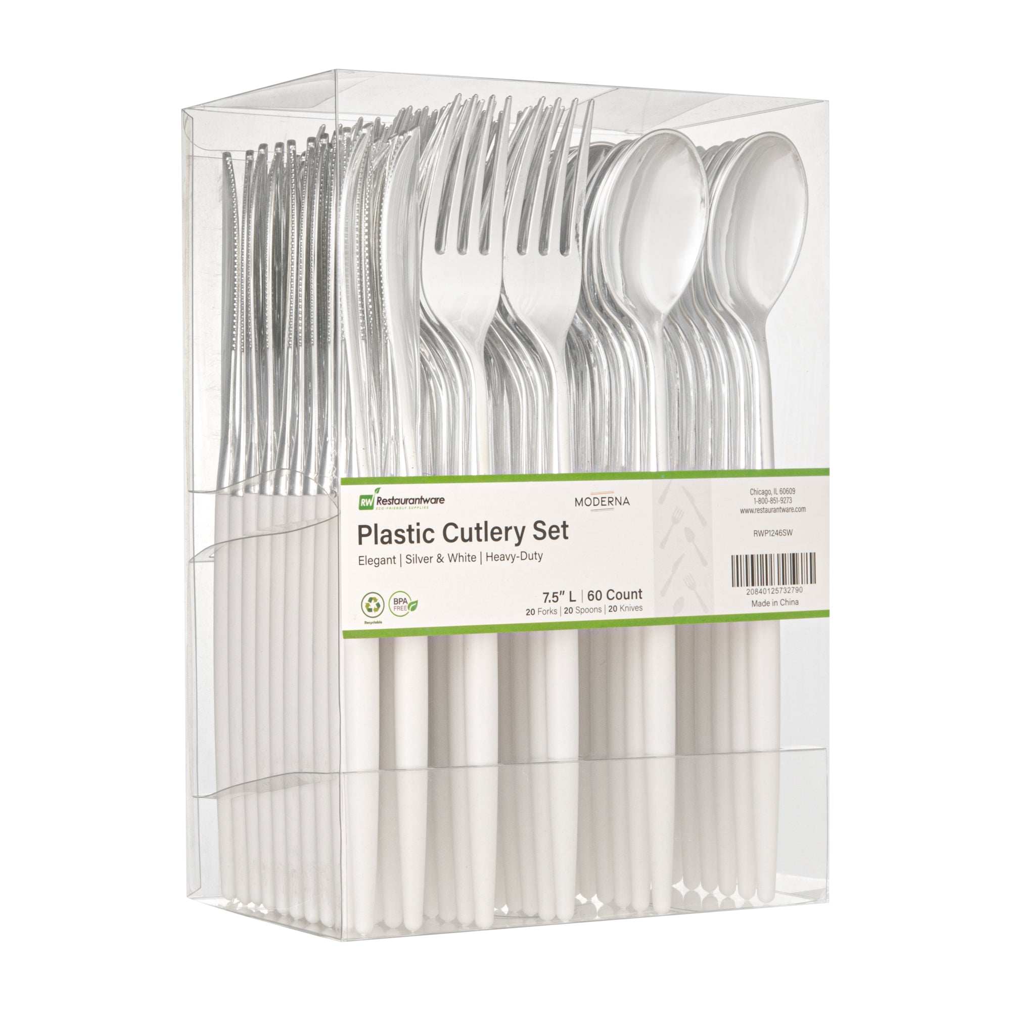 Moderna Silver Plastic Cutlery Set - with White Handle - 7 1/2" - 60 count box