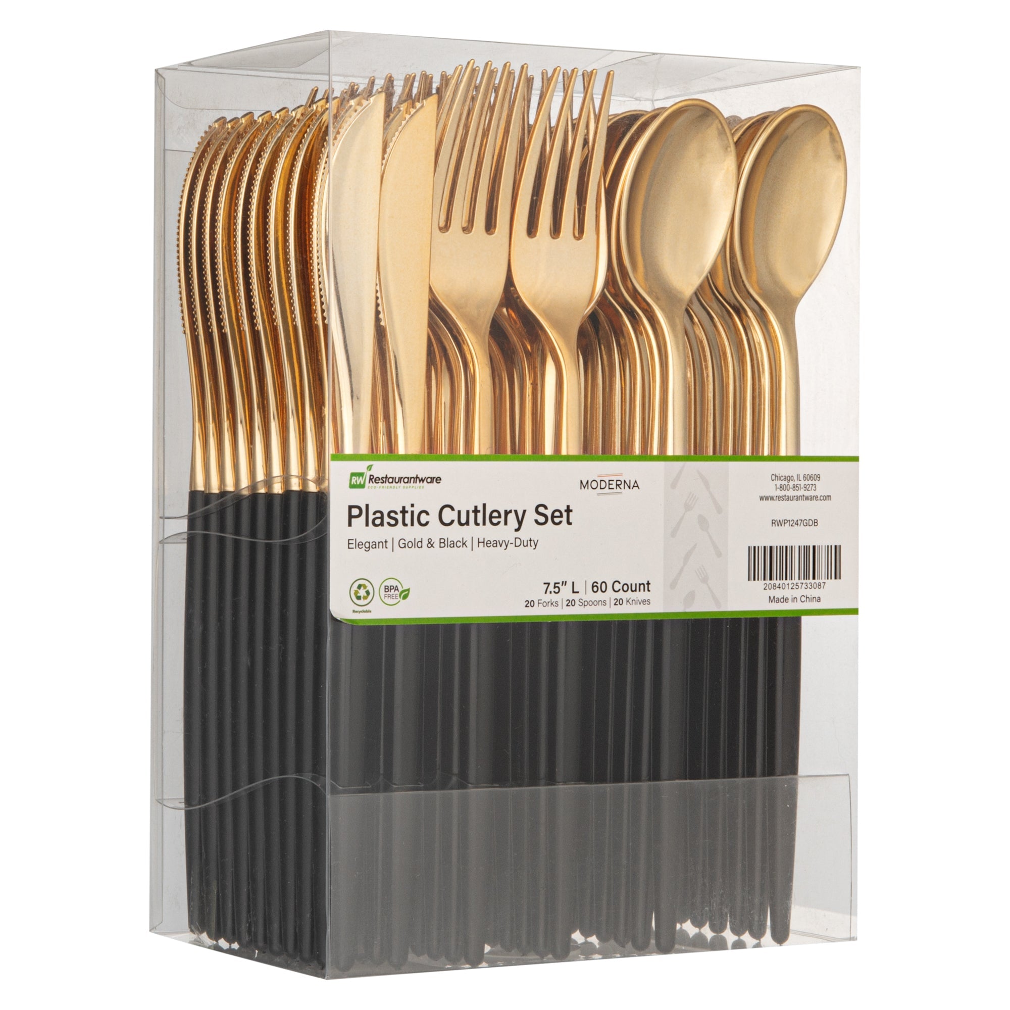 Moderna Gold Plastic Cutlery Set - with Black Handle - 7 1/2" - 60 count box