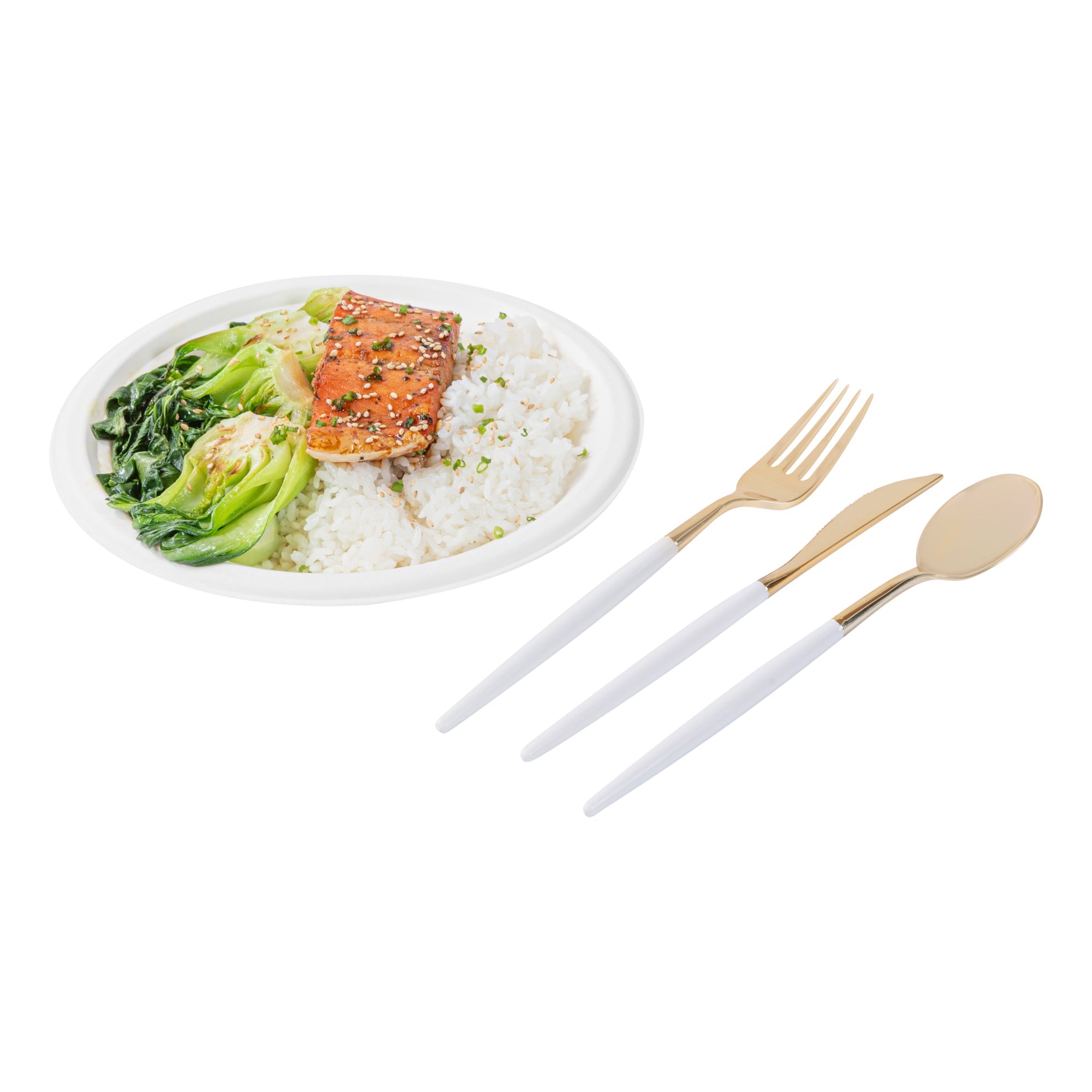 Moderna Gold Plastic Cutlery Set - with White Handle - 7 1/2" - 60 count box