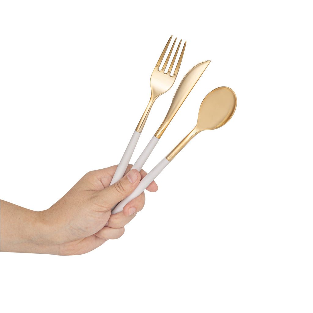 Moderna Gold Plastic Cutlery Set - with White Handle - 7 1/2" - 60 count box